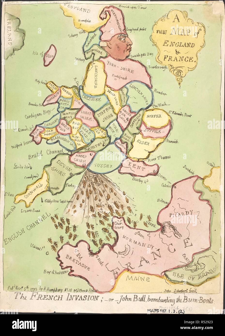 Une illustration de la carte de l'Angleterre avec le visage de John Bull. Une flotte d'invasion française est représentée dans la Manche. Une nouvelle carte de l'Angleterre et la France. L'invasion française ; -OU-John Bull, bombardant le Bum-Boats. [James Gillray]. Jean Schoebert fecit. Londres : Pub[lishe]d[r]embe Nov 5th 1793 par H. Humphrey No 18 Old Bond Street, 1793. Une caricature politique. 1 carte ; 33x24cm. Source : Maps.187.l.3.(3). Banque D'Images