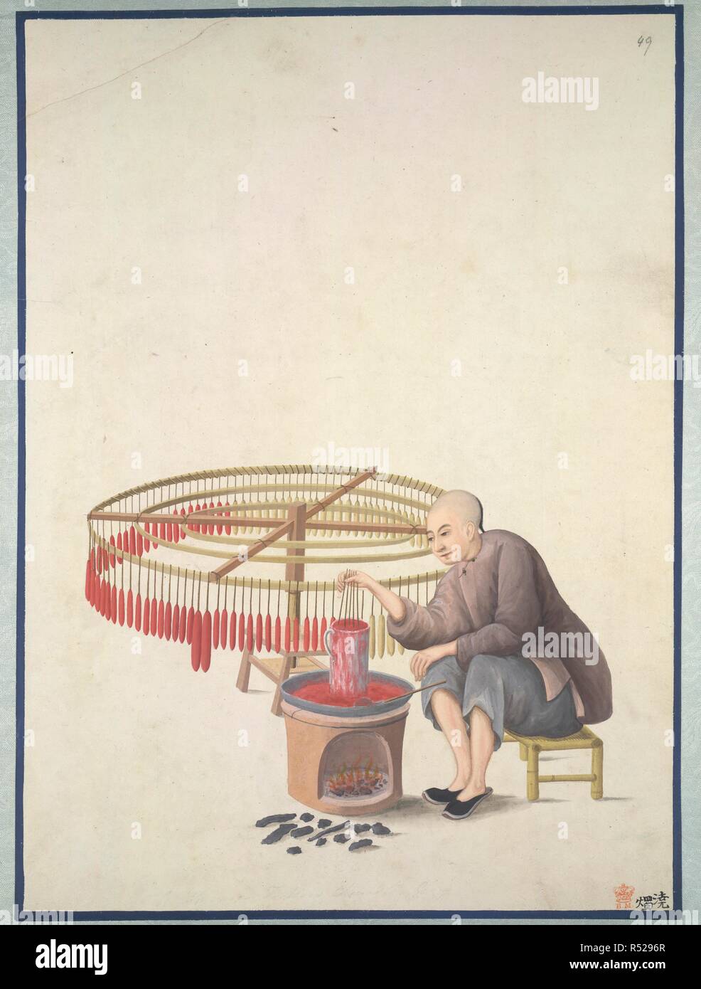 Fabricant de bougie. Un volume de dessins représentant chinois Le chinois. La Chine, l'c. 1800. Un fabricant de bougie. Image réalisée à partir d'un volume de dessins chinois chinois représentant les hommes et femmes de diverses catégories et métiers. Publié à l'origine/produites en Chine, ch. 1800. . Source : Ou. 2262, n°49. Langue : chinois. Banque D'Images