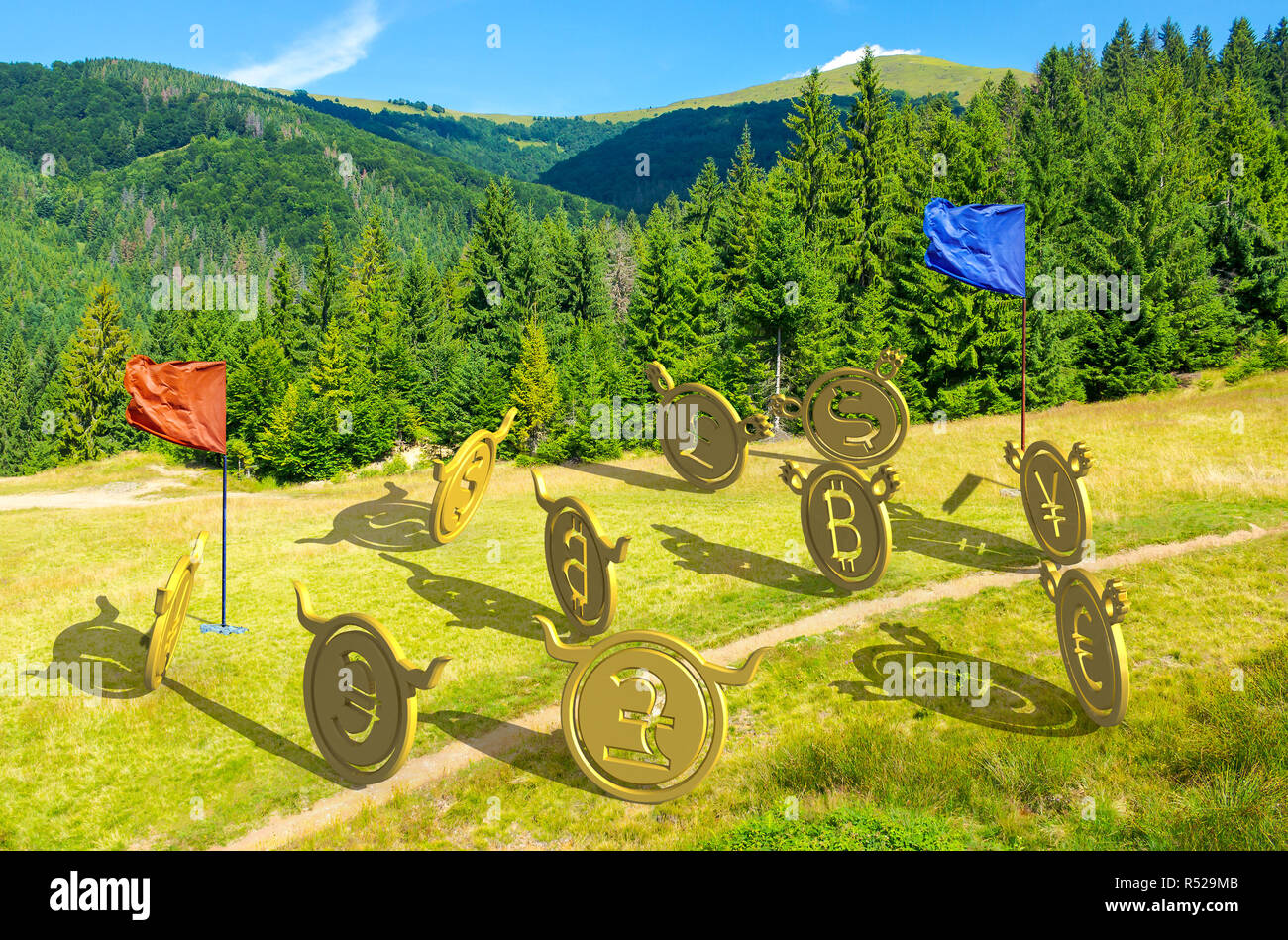 Guerre des monnaies. bulls vs bears, bitcoin responsable de l'équipe. La bataille sur la colline près de la forêt. Capture the flag concept. joli paysage d'été avec mo Banque D'Images