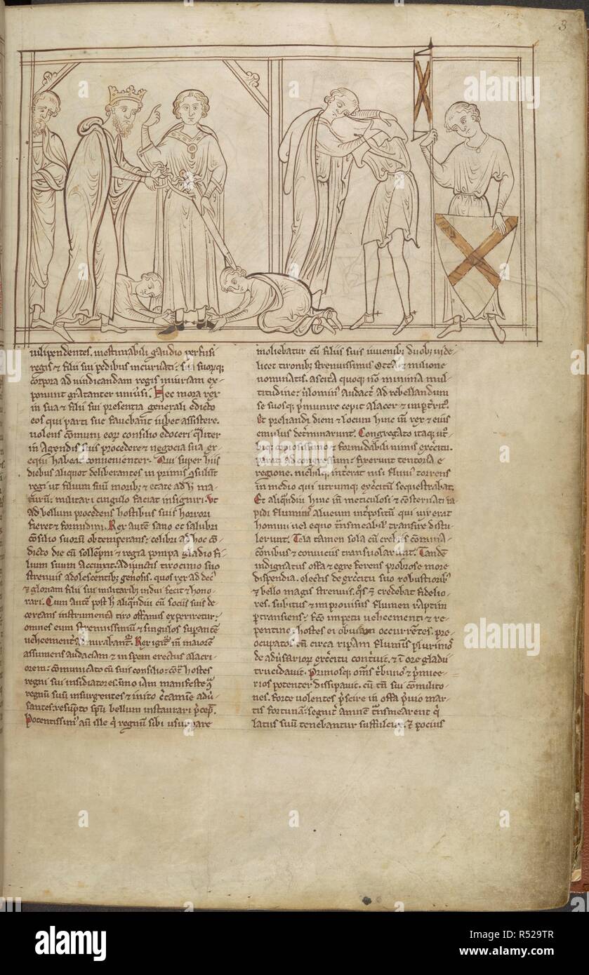 L'knighting et l'armement de l'Offa. Boucles Warmundus l'épée sur l'Offa's taille, comme deux seigneurs monter éperons. Vie de l'Offas. [Angleterre] St Albans ; années 1250-1254. Source : Cotton Nero D. I, f.3. Auteur : PARIS, Matthieu. Banque D'Images