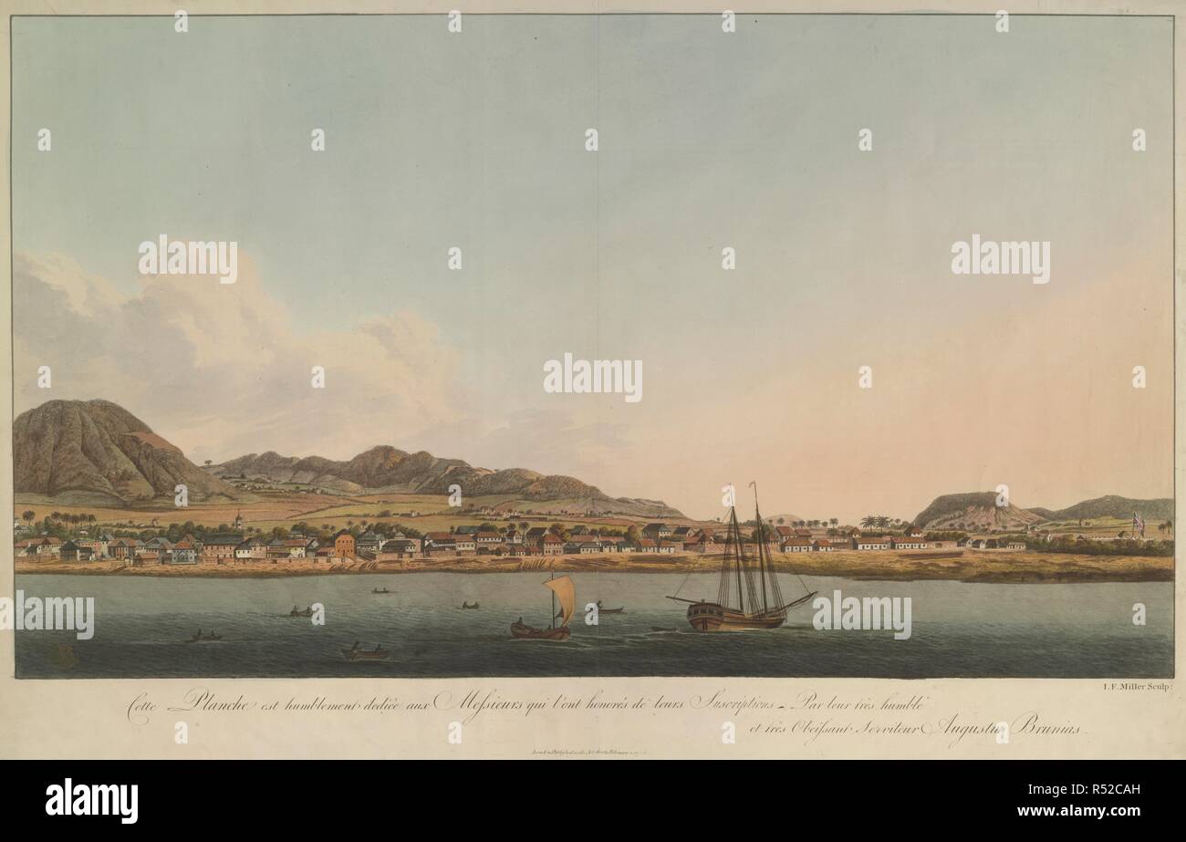 Du côté droit d'une vue panoramique sur la côte de St Kitts à partir de la mer, avec des bateaux et voiliers dans l'avant-plan, des billots sur la plage au-delà. Une église et maisons de Basseterre, le drapeau britannique volant au-dessus du fort, les palmiers et les montagnes en arrière-plan. Voir l'île de Saint Christophe. Londres : publié dans la Loi enjoint [éditeur non identifiés], le 1 février 1788. La gravure à la main. Source : Maps K.Haut.123.80.a. Langue : Anglais et Français. Auteur : Miller, John Frederick. Banque D'Images