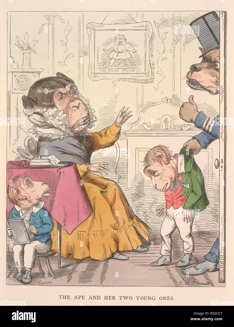 Le singe et ses deux jeunes gens. Les Fables de l'Ã ?pon et d'autres. Traduit en hum. W. Kent & Co. : Londres, 1857. Une mère singe, et ses deux fils'. Le fils gâté est attrapé par un watch-dog pour voler. Le fils négligé se lit tranquillement son livre. Image prise à partir de l'Univers imaginaire de l'Ã ?pon et d'autres. Traduit dans la nature humaine, conçu et dessiné sur le bois par Charles H. Bennett, etc. publié à l'origine/produit dans W. Kent & Co. : Londres, 1857. . Source : 12305.g.11, en face 6. Langue : Anglais. Auteur : AESOP. Bennett, C. H. Swain, J. Banque D'Images