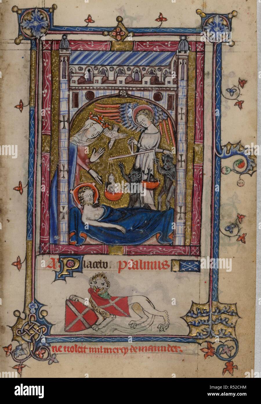Miniature de la Vierge Marie intercède pour le compte d'un homme mourant, au début de l'Office des morts, avec saint Michel tenant balance et deux démons rivalisant pour l'âme de l'homme. Un bas-de-page lieux d'un léopard, tenant un bouclier de gueules, au sautoir d'argent (les bras de Neville de Raby), d'un capuchon du même calibre, peint sur les bras de saint Georges, d'argent et d'une croix de gueules. Livre d'heures, l'utilisation de Sarum ('Le Taymouth heures'). L'Angleterre, S. E. ? (Londres ?) ; 2e trimestre du 14ème siècle. Source : Yates Thompson 13, f.151. Langue : le latin et le français. Banque D'Images