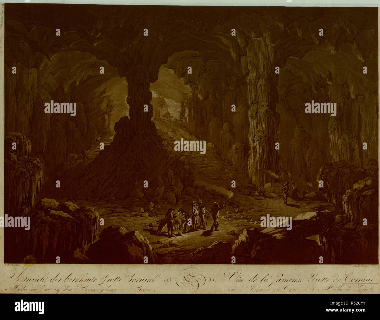 Un groupe d'hommes portant des torches explorer l'intérieur de la grotte de Cornial, avec l'entrée de la grotte et des mesures de bois de sciage en arrière-plan. . BerÃ¼hmte Cornial Ansicht der Grotte 2 Meilen von auf dem Karster gebÃ¼rge Triest en Krain  = VÃ"e de la fameuse grotte de Cornial sur le Karster en Carniole Ã 2 milles de Triest. / F. Runk Pinx. A. ; Sculptures sur Hertzinger. [Vienne] : [Artaria et Co.], [à propos de 1797]. 1 : impression et gravure, aquatinte imprimée en sépia feuille ; 45,5 x 60 cm (ci-dessous) platemark. Source : Maps.K.Haut.90.73.3. Langue : Allemand. Auteur : Hertzinger, Anton. Banque D'Images