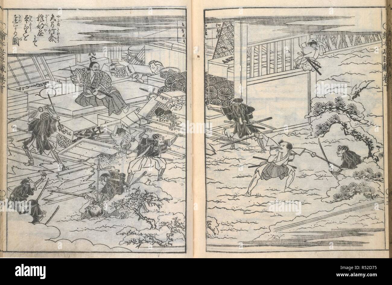 Samurai attaque dans la neige. Ehon Chushingura ('la quarante sept fidèles conserver. Japon, 1800. La tempête 47 fidèles serviteurs Moronao's house et l'attaquer. À partir de l'histoire japonais Chushingura- la quarante sept fidèles de retenue. Image réalisée à partir d'Ehon Chushingura ('la quarante sept fidèles serviteurs'). Publié à l'origine/produit au Japon, 1800. . Source : 16088.c.8 volume 10, SS13V-14. Langue : japonais. Banque D'Images