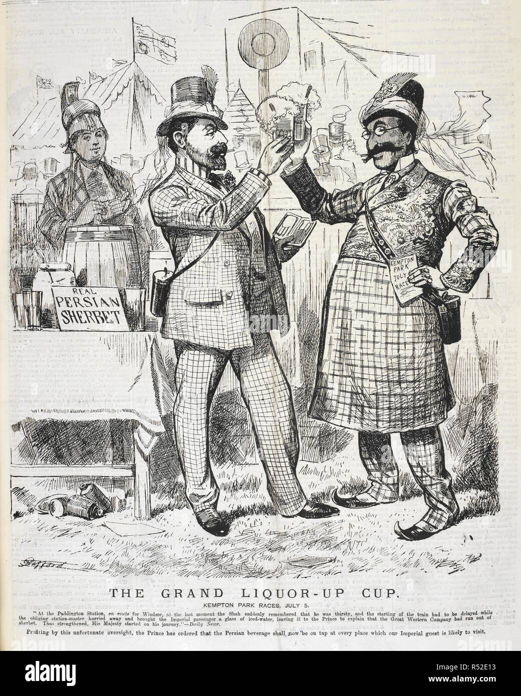 'Le grand liquor-up cup'. Kempton Park Races, le 5 juillet. Le shah de Perse (Nasser al-Din Shah Qajar) et le Prince de Galles à Kempton Park les courses de chevaux, 5 juillet 1889. Funny folks.  : Un budget hebdomadaire de drôles d'images, des notes, des blagues et des histoires. Londres, 1889. Source : Funny folks. 6 juillet 1889. Banque D'Images