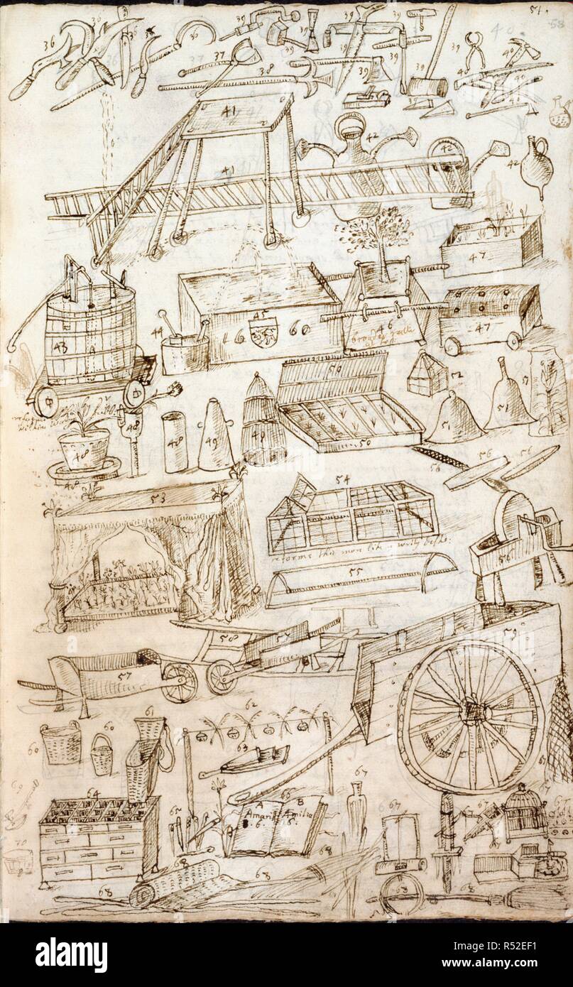 Des illustrations d'outils de jardin. Elysium Britannicum. [Angleterre] Kent Co., Deptford ; années 1660 - 1706. [Ensemble] folio Livre II, chapitre 1, concernant la "instruments appartenant à un Gardiner, et leurs différents usages'. Illustration de l'équipement de jardin, notamment des couteaux, hache, faux, arrosoir, bain, cloches de verre et des brouettes Image réalisée à partir d'Elysium Britannicum. Publié à l'origine/produit en Angleterre [Deptford, co.] Kent ; années 1660 - 1706. . Source : ajouter. 78342, f.58. Langue : Anglais. Auteur : Evelyn, John. Banque D'Images