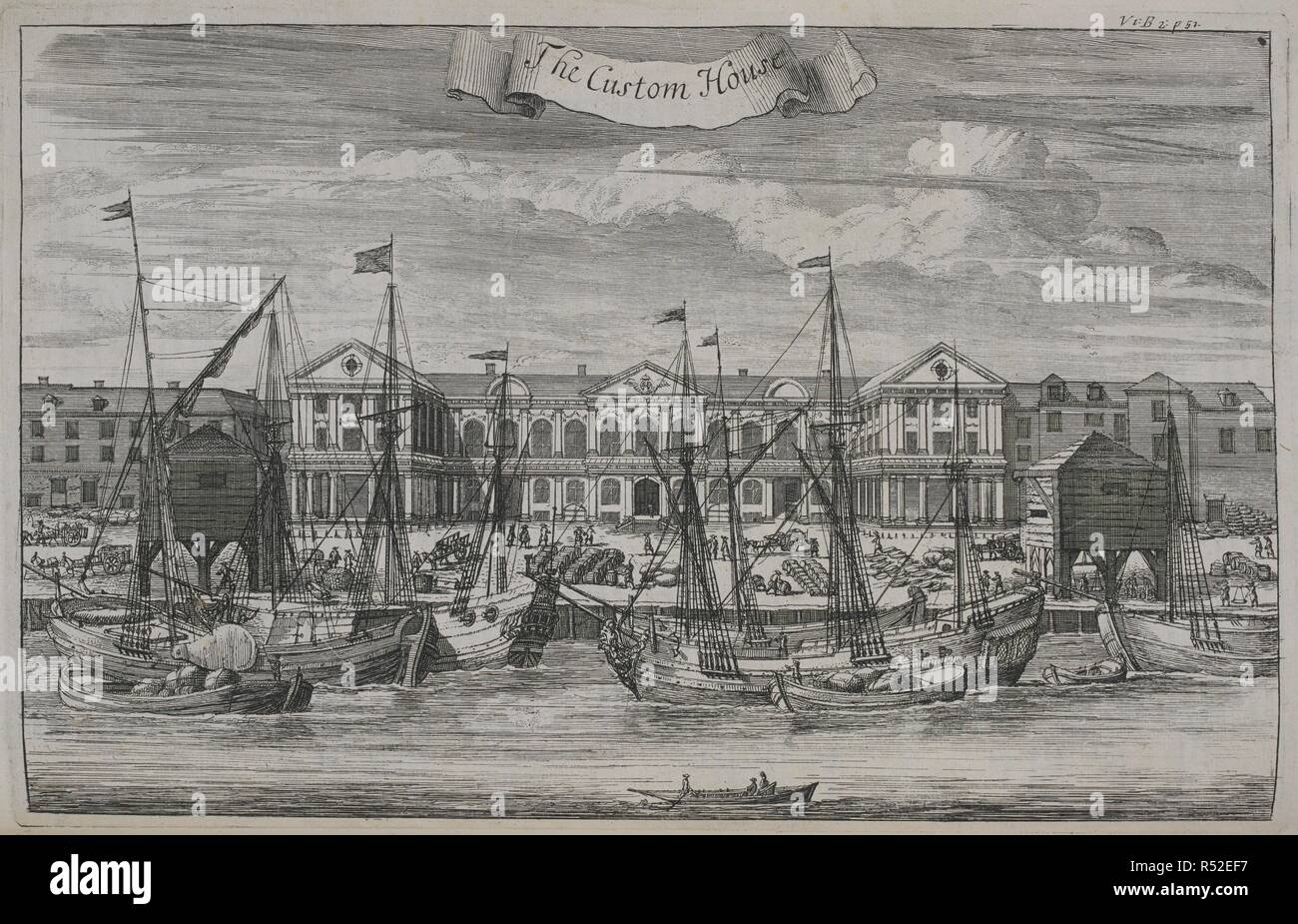 Le custom house. [Un Atlas de Londres, contenant un plan général et trente-six cartes des quartiers, des paroisses et des libertés civiles, avec vingt-cinq points de vue des principales institutions et des bâtiments. Basé sur un sondage antérieur par William Leybourn et Richard Blome]. Londres : A. Churchill, J. Knapton, etc., 1720. Source : 1791.d.5 vol.1.2 plate opp.50. Banque D'Images