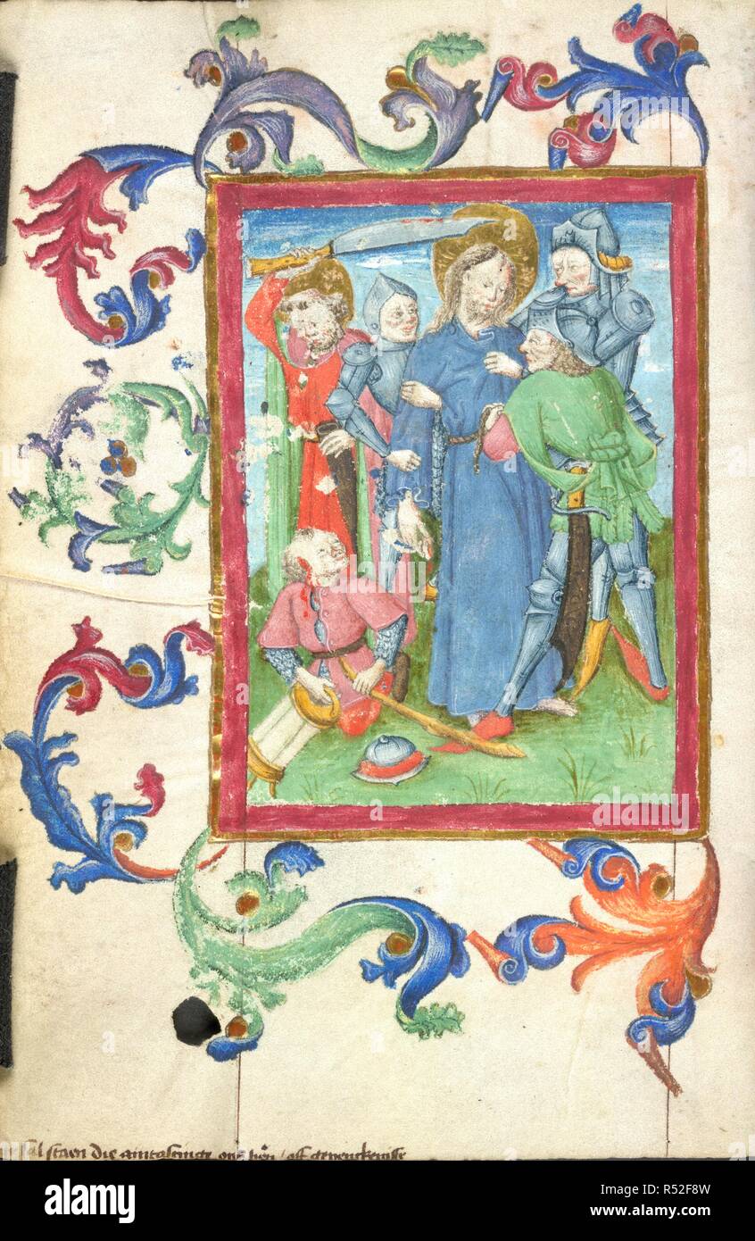 La trahison du Christ. Livre d'heures. N. Pays-bas ; années 1450-1475. Ensemble (folio) Peter brandissant son épée blessures l'oreille de Malchus, le serviteur du souverain sacrificateur, comme gardes armés de saisir et de lier le Christ au Jardin de Gethsémani ; décoré avec des frontières Image réalisée à partir d'Livre d'heures. Publié à l'origine/produit dans N. Pays-bas ; années 1450-1475. . Source : Harley 1662, f.63v. Langue : moyen néerlandais. Auteur : Cercle du maître de la Passion de Berlin. Banque D'Images