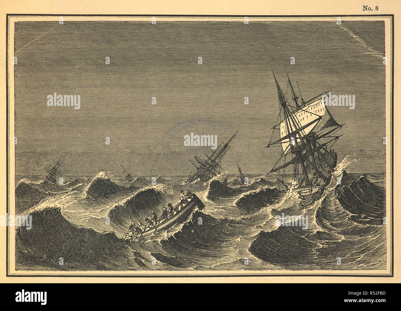 Une embarcation de l'approche d'un navire dans une mer agitée. Description de la Royal Cyclorama, ou Music Hall : Albany Street, Regent's Park ... Avec de nombreuses illustrations du cyclorama de Lisbonne avant et après le tremblement de terre en 1755. Projections et conçu par M. W. Bradwell. Londres : imprimé par J. Chisman, 1849. Source : RB.31.a.23.(2). Banque D'Images