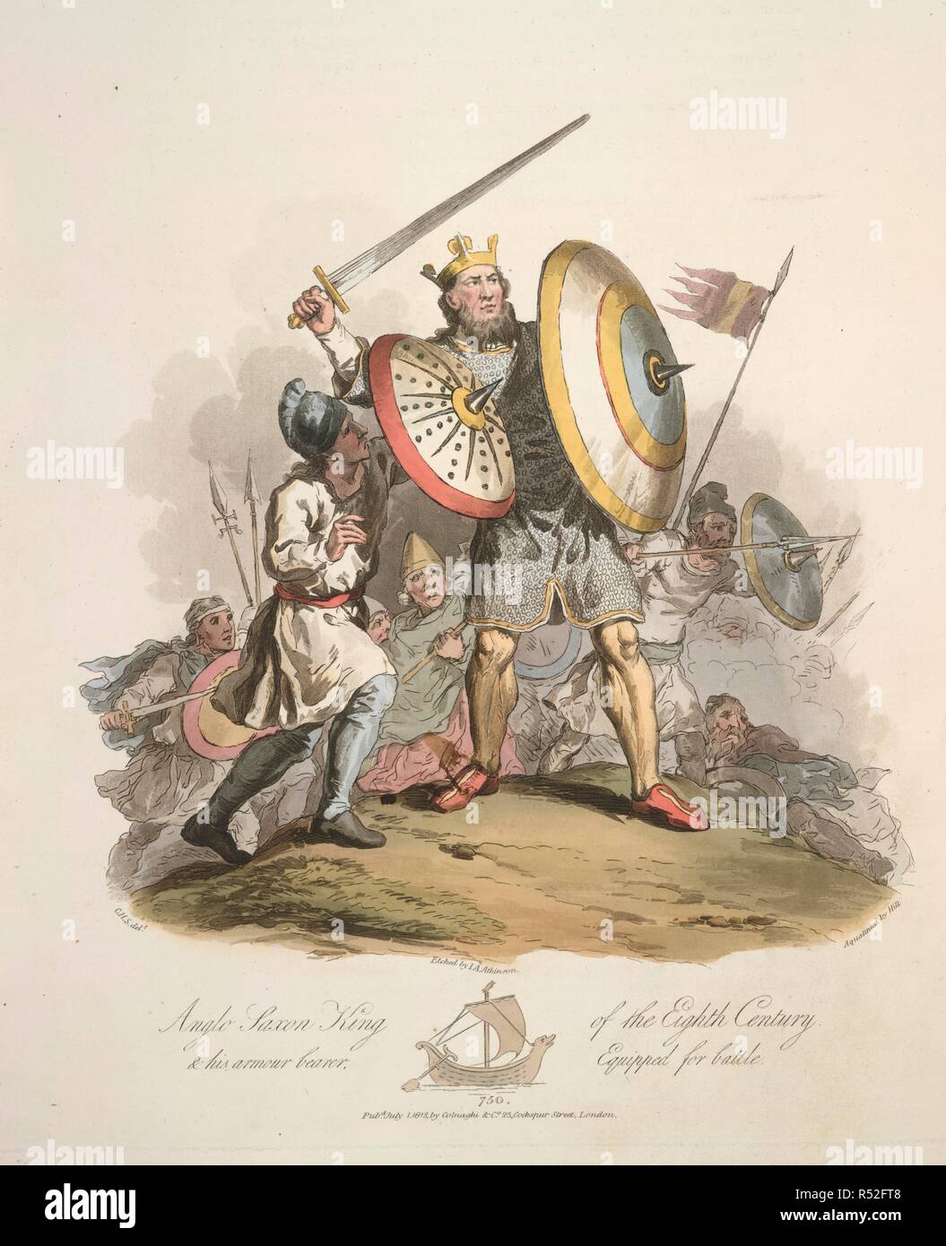 Le roi anglo-saxon. Le costume des habitants originaux de l'IRB. R. Havell : Londres, 1815. Le roi anglo-saxon et son porteur d'armes équipées pour le combat. Anno 750.Le roi porte une couronne d'or, surmonté de trois fleurs de lys. Il porte l'armure de corps, un costume d'anneaux de fer. Image tirée du costume des premiers habitants des îles britanniques dès les premières périodes à la sixième siècle, auquel s'ajoute celui de l'ONU sur l'Ouest theGothic côtes de la Baltique, les ancêtres de l'Anglo-saxons et Anglo-Danes.. Publié à l'origine/produit dans R. Havell : Londres, 1815. . Afin Banque D'Images