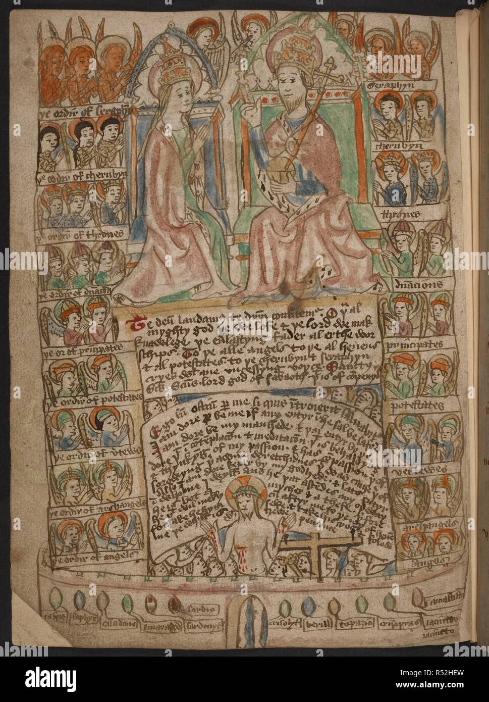 La page illustrée à partir de 'Le désert de la religion". Le désert de religion et d'autres poèmes et pièces religieuses, etc.., dans le Nord de l'illustre principalement l'anglais. Le désert de religion et d'autres poèmes et pièces religieuses, etc.., dans le Nord de l'illustre principalement l'anglais. Te Deum laudamus ' ' et ' ''ostium ego sum : Dessin de la hiérarchie céleste, etc., avec explications prosee. Beg. Saint ' Dynnes neyne dit pat par ar. ordyrs' f. 77 b. Source : ajouter. 37049 f.77v. Langue : le latin et l'anglais. Banque D'Images