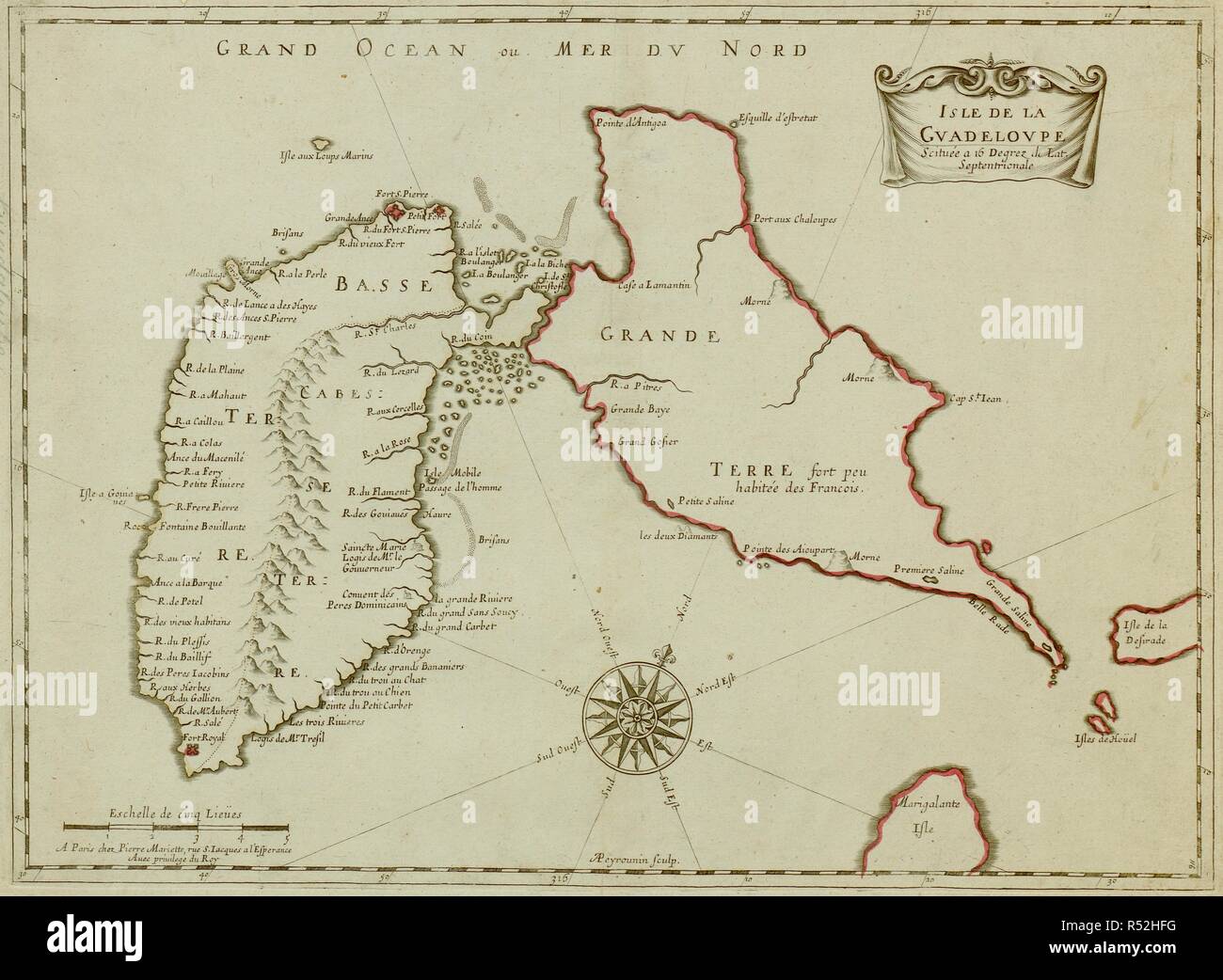 Une carte de la Guadeloupe. Île de la Guadeloupe. [Paris] : P. Mariette, [1650 ?]. Source : Maps K.Haut.123.89. Langue : Français. Banque D'Images