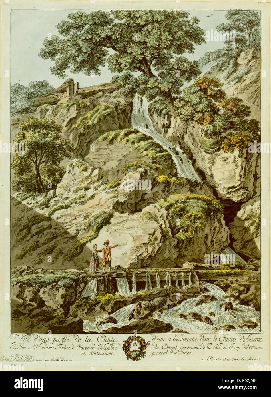 Un homme et une femme sont debout sur une plate-forme en pierre au milieu de la Douanne tombe, ou TwannbachfÃ¤lle, près de Douanne, avec une cascade au-dessus sur la droite et des rapides ci-dessous. Vue d'une partie de la ChÃ"te d'eau une douane dans le canton de Berne : DediÃ©e Ã M. Fischer d'Oberried, Membre du Conseil souverain de la ville et République de Berne et intendant général des Postes. Restaurant à Bâle : chez Chr. de Mechel, [à propos de 1775]. La gravure à la main. Source : Maps K.Haut.85,64.a. Langue : Français. Banque D'Images
