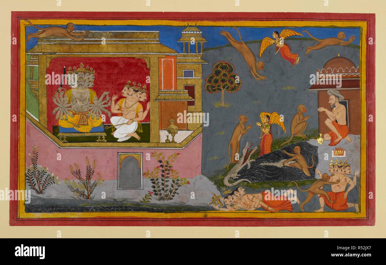 RÄvaá¹‡a, assis dans son palais, considère l'HanumÄn bond vers le ciel pour voler à l'Himalaya pour recueillir plus d'herbes, et des questions sur BrahmÄ. Dans HanumÄnâ BrahmÄ fait obstacle de manière, y compris les apsarases, crocodiles, un sage, et lui-même. HanumÄn frappe tout simplement sur lui. Ramayana. Udaipur, c.1653. Source : ajouter. 15297(1), f.147. Banque D'Images