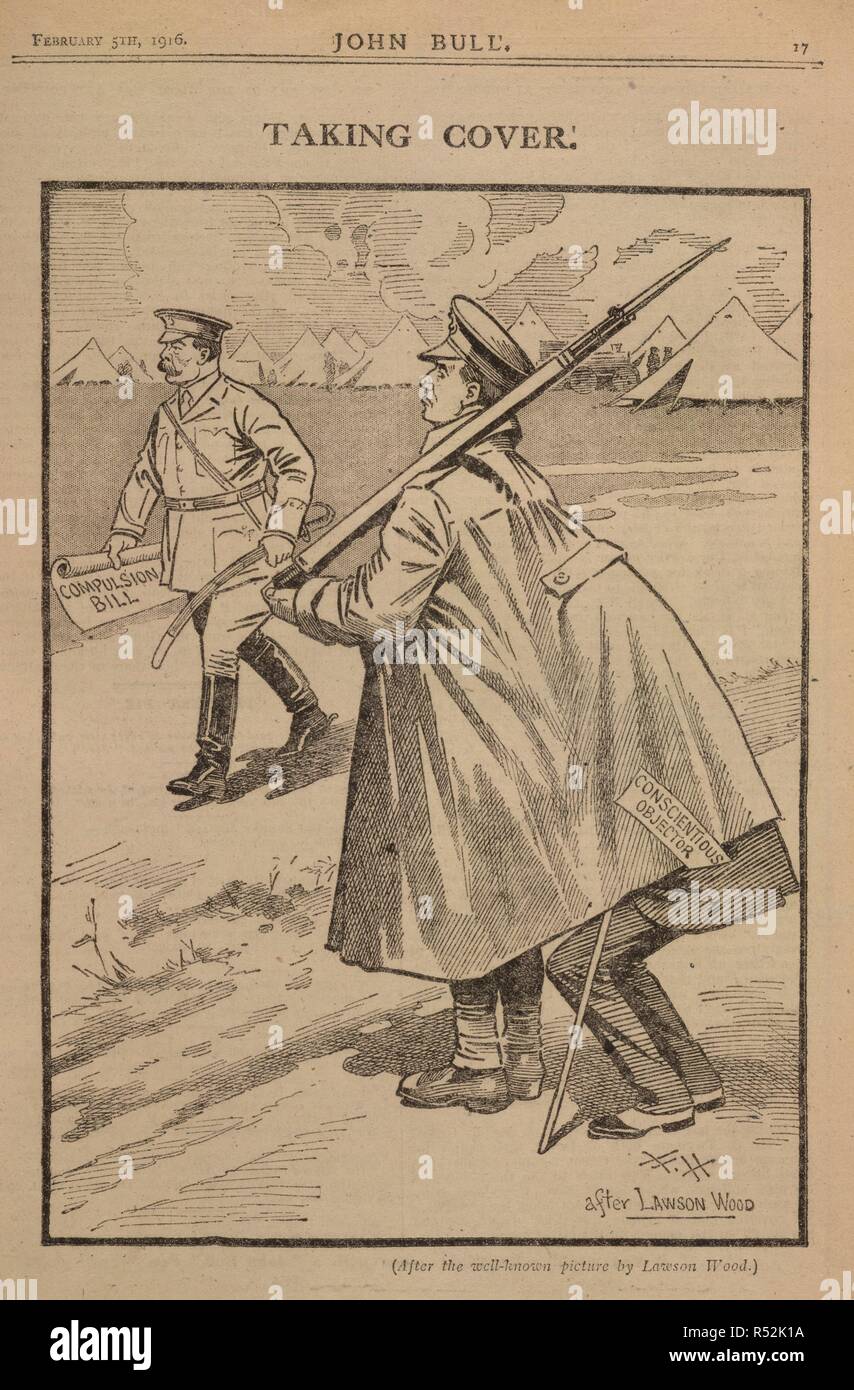 "Couvrir". Un dessin animé sur le thème de l'objection de conscience. John Bull. Source : John Bull, 5 février 1916, page 17. Banque D'Images