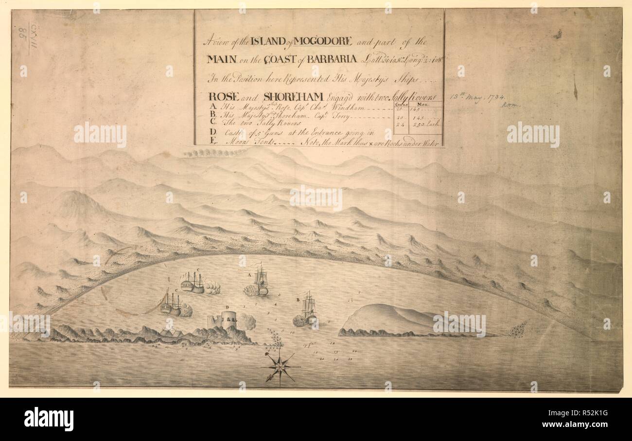 Une vue de l'île de Mogodore. 'Une vue imprenable sur l'île de Mogodore et une partie de la main sur la côte de Barbaria, lat. 31Âº 18Ê¹ N., long. 2Âº 10Ê¹ W. : dans la position représentée ici, les navires de Sa Majesté et Rose Shoreham est engagé avec deux rovers Sally ; le navire de Sa Majesté, le capitaine Rose Chas. Windham, His Majesty's Ship Shoreham, Capt Torry, chacune de 20 canons et 145 hommes ; les deux rovers de Sally, et 24 250 hommes chaque'. ca. 1730-1770. Source : Maps K.Haut.117,85. Langue : Anglais. Banque D'Images