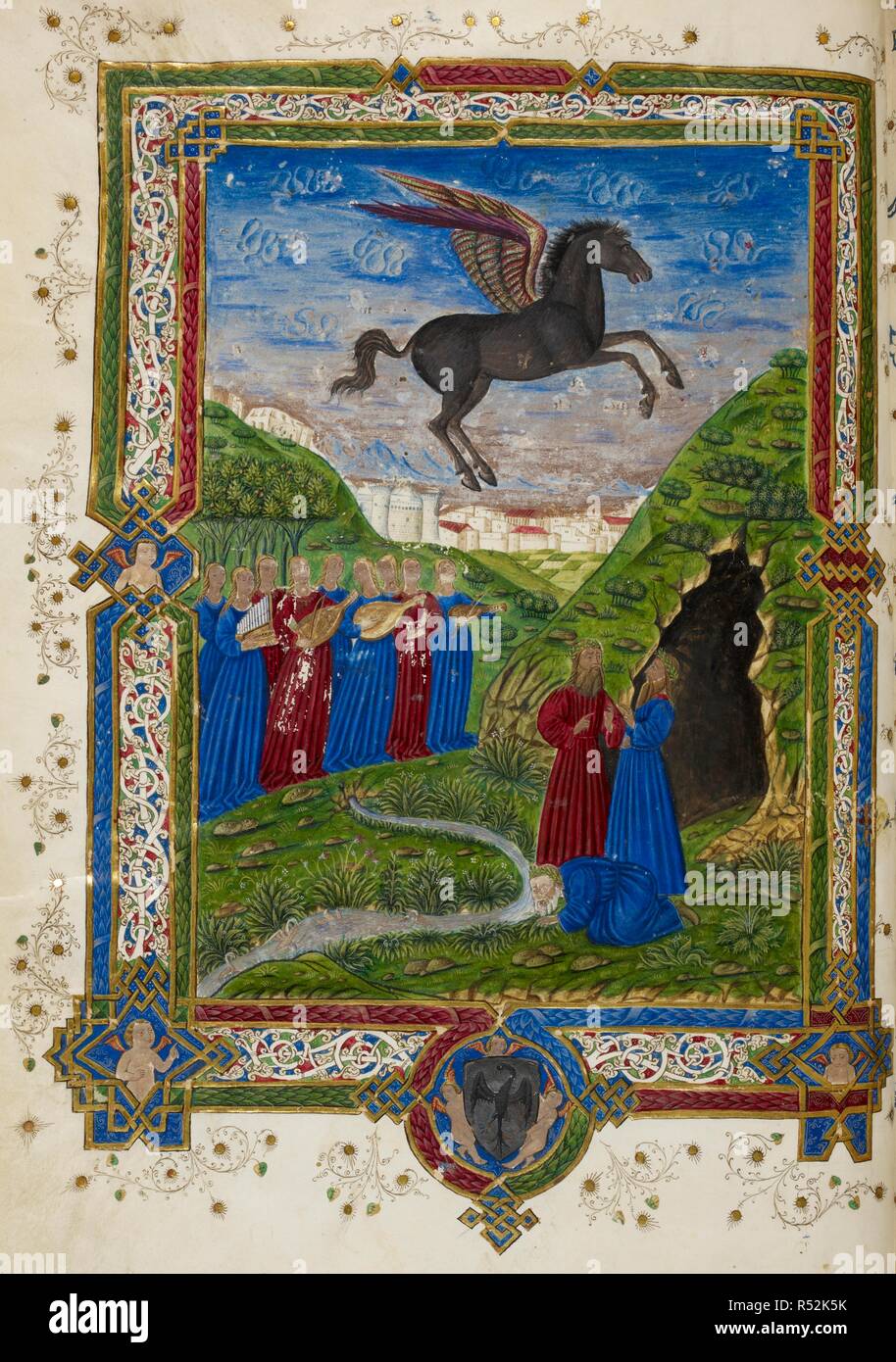 Le cheval ailé Pégase, Muses et poètes sur le Mont Parnasse. Décoré des frontières avec angelots dans les coins, et un blason. L'histoire naturelle. Italie, 15e siècle. Source : ajouter. 11994, f.3c. Langue : le latin. Author : Pline. Banque D'Images