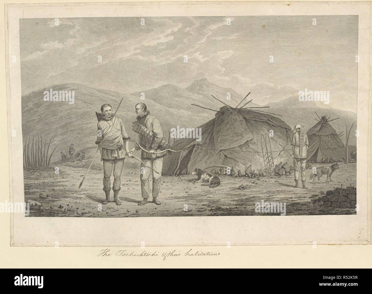 L'Tschuktschi, et leurs habitations ; dessiné par John Webber et gravé par Daniel Lerpiniere. Deux hommes Chukchi, armés d'arcs et flèches à gauche, un troisième chiffre et un chien à droite. Deux refuges d'été (Yarangas) à droite. Dans l'arrière-plan derrière les chiffres, c'est un mamelon (semidugout) agissant comme une autre habitation. En 1779, le capitaine James Cook's Discovery et résolution ancrée dans la baie de Petropavlovsk-kamtchatski, après la mort de Cook. . Une collection de dessins par A. Buchan, S. Parkinson, et J. F. Miller, réalisés dans les pays visités par le capitaine James Cook dans son premier voyage [1768-1771], Banque D'Images
