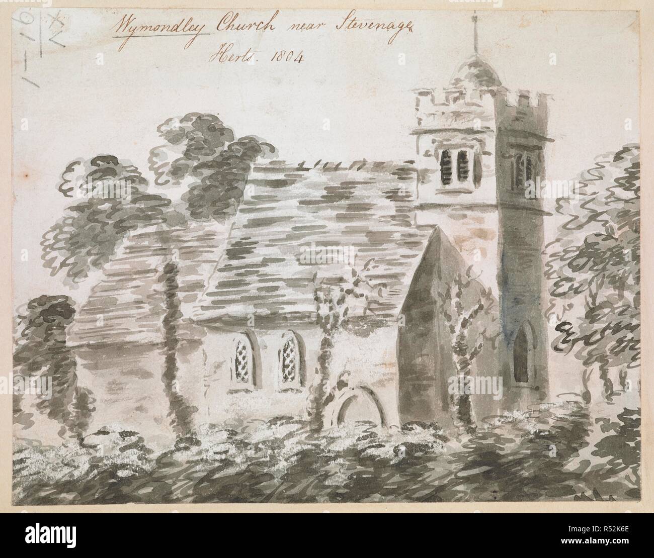 Église de Sainte Marie la Vierge à Little Wymondley ; les arbres et les feuillages tout au long de la scène. Wymondley Église près de Stevenage Herts. 1804. Laver avec rayures monochrome. Source : Maps K.Haut.15.91.1. Langue : Anglais. Banque D'Images