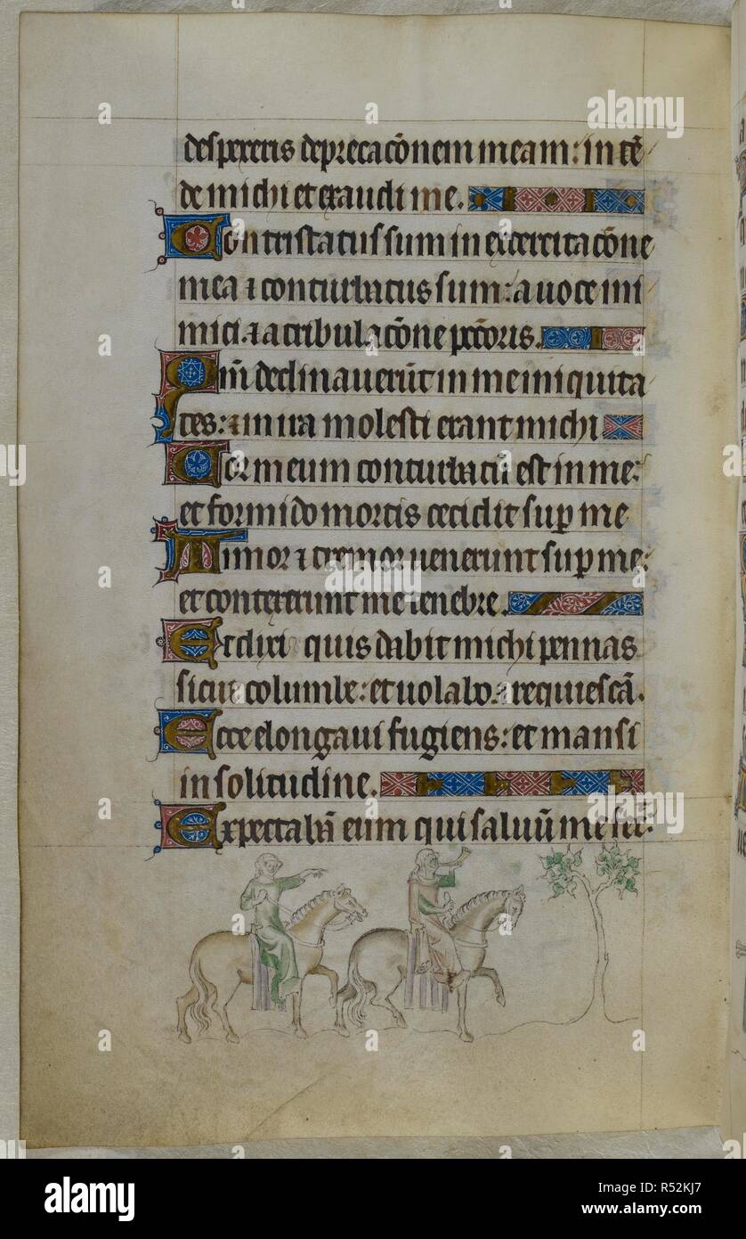 Bas-de-page scène de deux dames à cheval, l'un qui souffle dans un cor. Psautier ('Le psautier de la Reine Mary"). Angleterre (Londres/Westminster ou East Anglia ?) ; entre 1310 et 1320. Source : Royal 2 B. VII, f.152v. Langue : Français de l'Amérique latine, avec les légendes des images. Banque D'Images