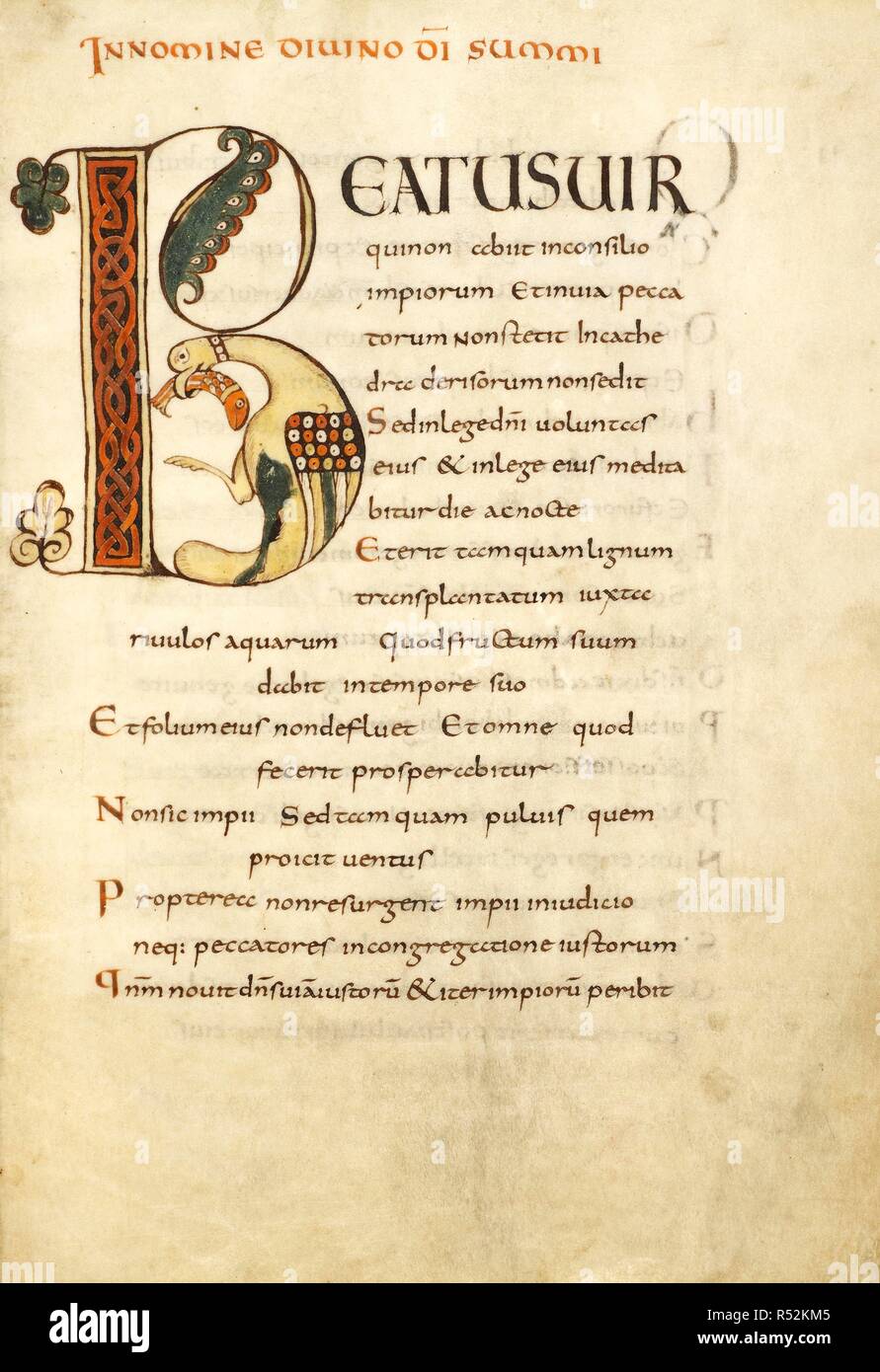 Psaume 1, commençant par 'B' initial, un oiseau stylisé avec un poisson dans son bec. Psautier. Empire carolingien, 9e siècle. Source : Harley 2793, f.33. Langue : le latin. Banque D'Images