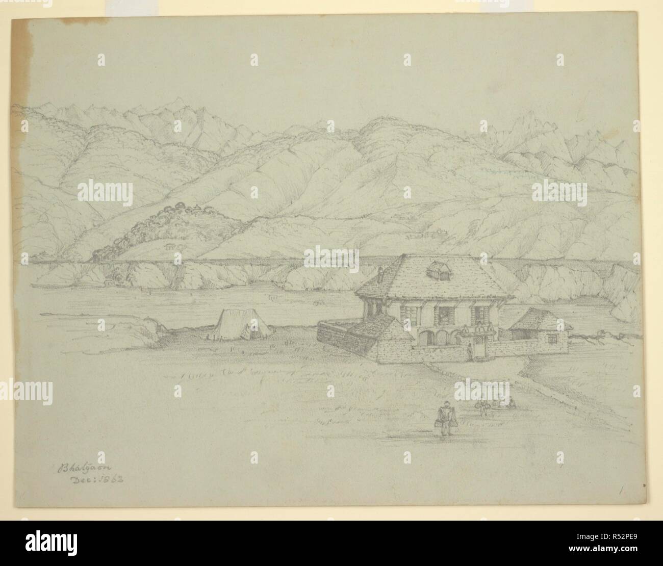 La résidence 'Bungalow à Bhatgaon. Décembre 1863". Marche arrière sur le dessin inachevé d'un pont. 1863. Crayon ; 23 cm par 29,4. Source : RM 3323. Auteur : Oldfield, Henry Ambrose. Banque D'Images