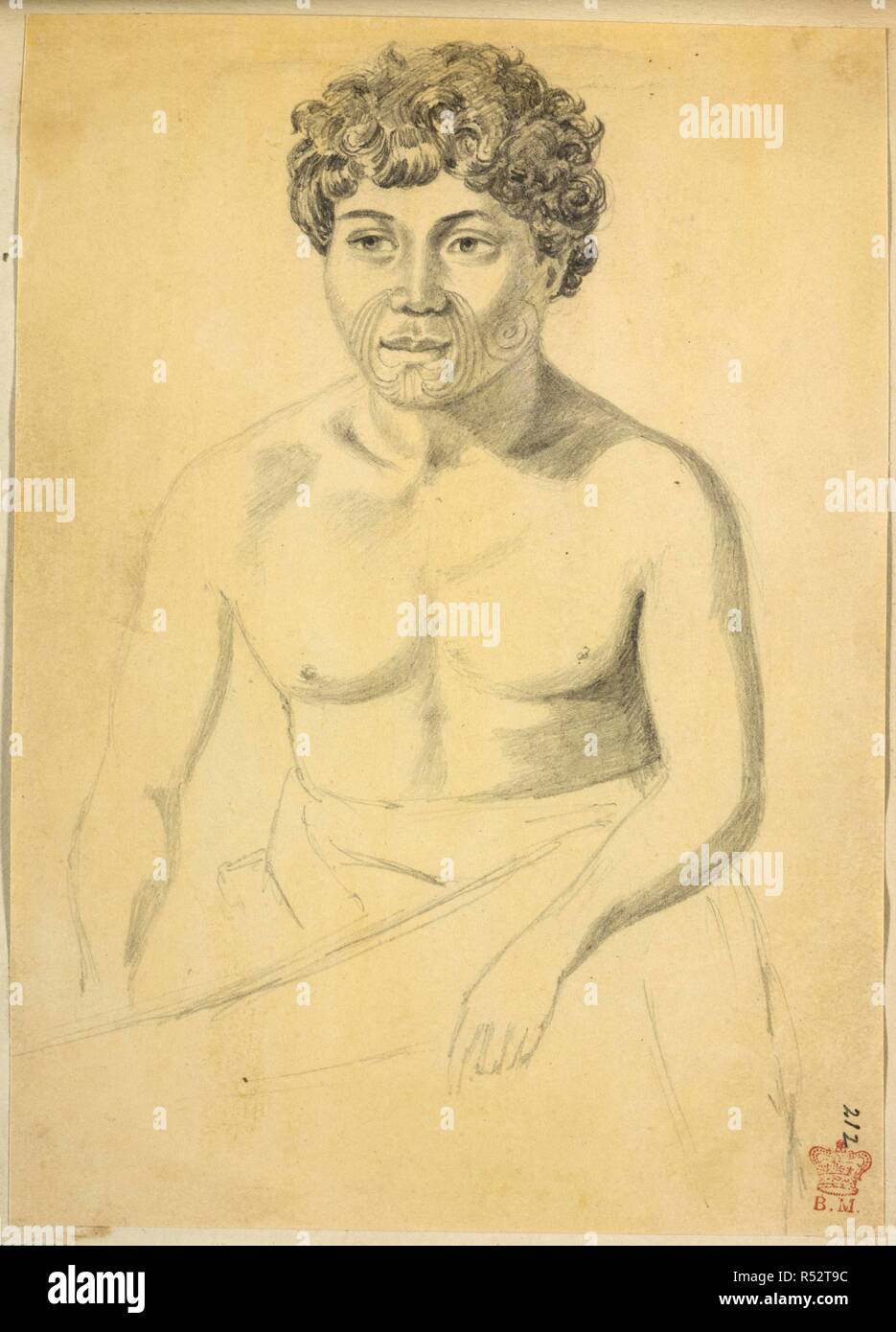 Portrait d'un homme avec Maori tatouage facial. Des croquis de paysages, portraits d'autochtones, avec des représentations de cérémonie, costume, etc., en Nouvelle-Zélande, fait en sépia, couleurs, ou d'un crayon. 1842-1853. Source : ajouter. 19953 f.77, la plaque 212. Auteur : Sinclair, Alexander. Banque D'Images