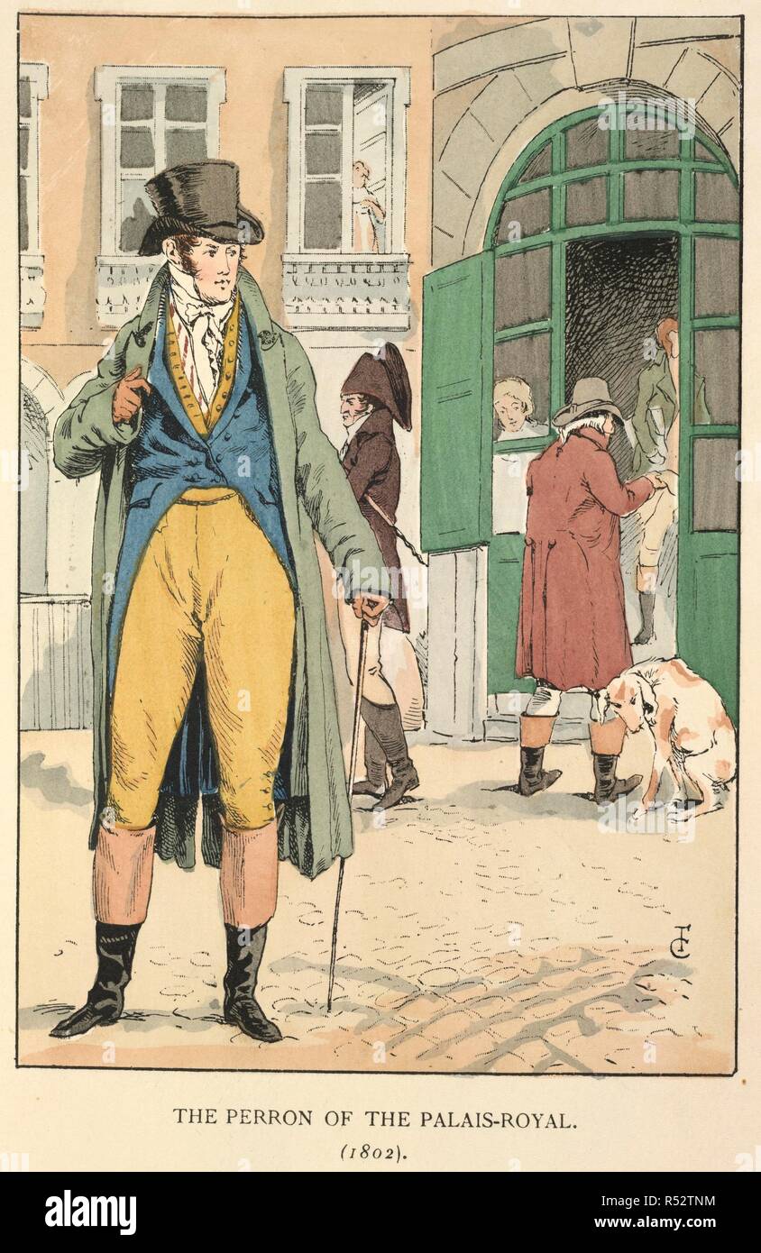 En dehors de la station Palais-Royal. La mode à Paris : les différentes phases de t féminin. O. Heinemann : Londres, 1898. Le perron du Palais-Royal (1802). Un homme vêtu d'un manteau vert et bleu veste et pantalon jaune avec des bottes d'équitation. Image prise à partir de la mode à Paris : les différentes phases de goût féminin et Ã… sthetics de 1797 à 1897 à partir de l'anglais par Lady M. Loyd. Avec une centaine de plaques de couleur à la main et deux cent cinquante illustrations texte par F. Courboin... Publié à l'origine/produit dans O. Heinemann : Londres, 1898. . Source : 7742.de.8, la plaque 19. Langue : Anglais. Banque D'Images