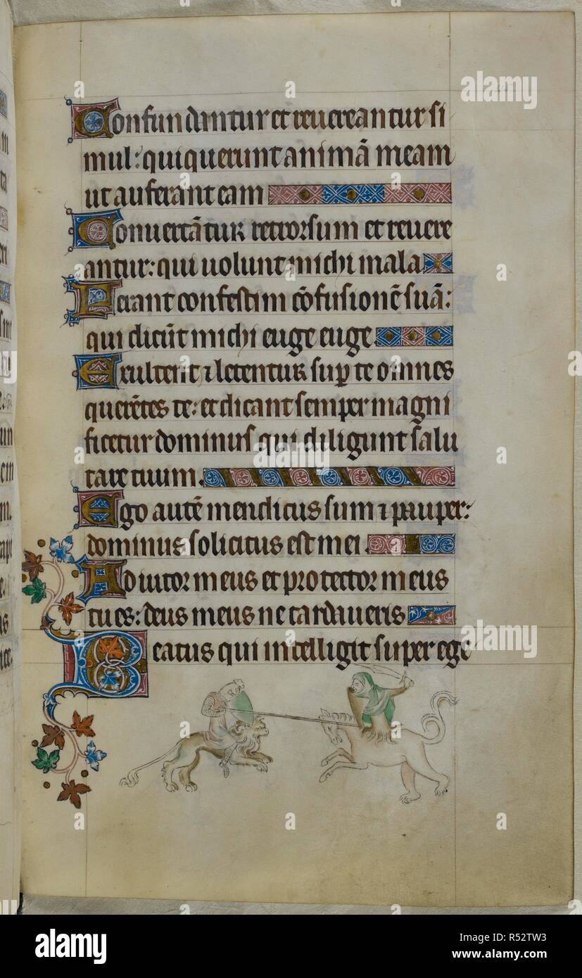 Bas-de-page scène d'un chevalier blindé équitation un lion, joutes avec un Hybride grotesque (mi-homme mi-cheval et lion), armé d'une épée et un bouclier. Psautier ('Le psautier de la Reine Mary"). Angleterre (Londres/Westminster ou East Anglia ?) ; entre 1310 et 1320. Source : Royal 2 B. VII, f.135. Langue : Français de l'Amérique latine, avec les légendes des images. Banque D'Images