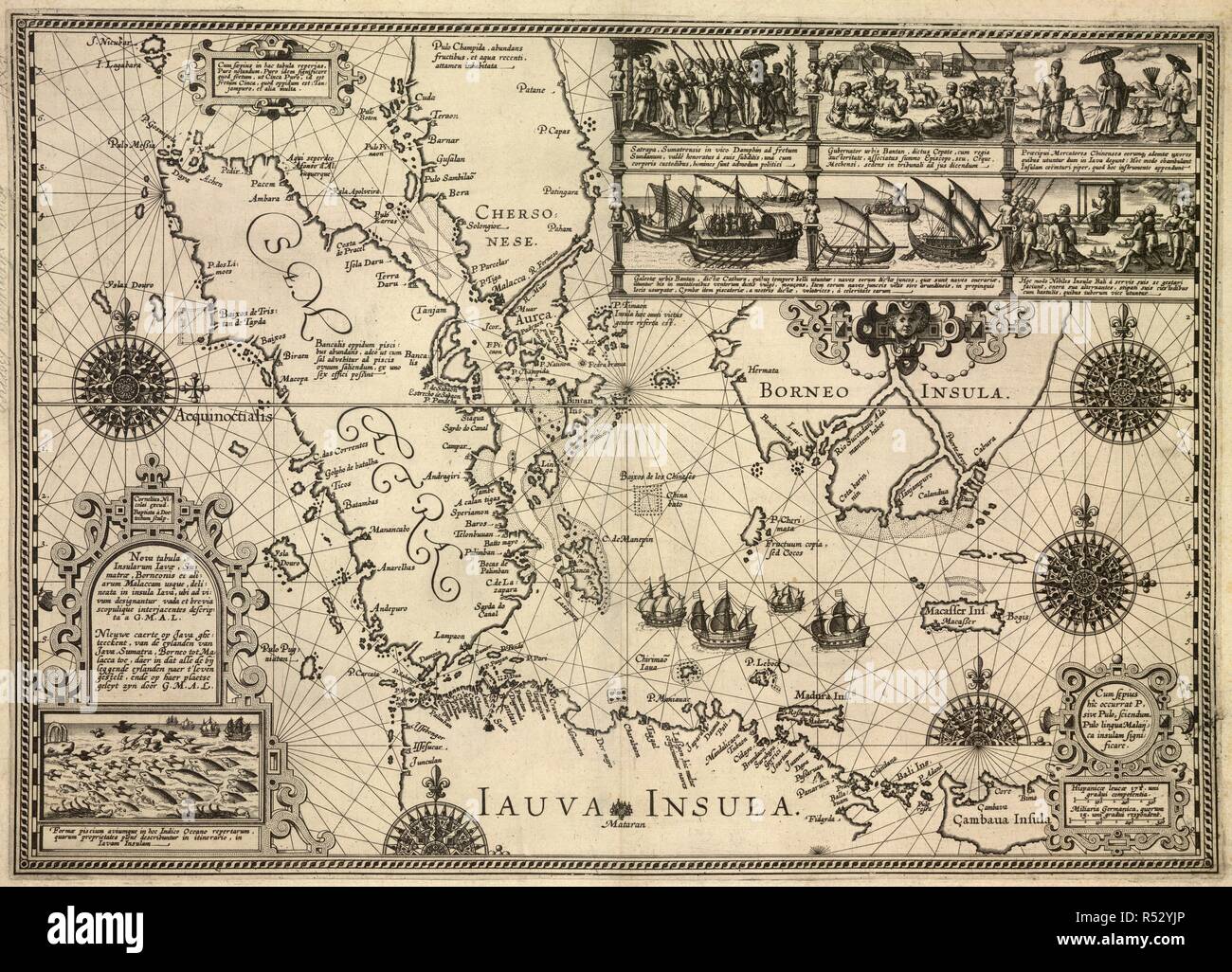 Une carte de Java, Sumatra, Bornéo et Malacca. Nova tabula insularum, Javae Sumatrae Borneonis Malaccam, et aliarum usque, delineata ... un G.M.A.L... [Amsterdam], [1595]. Source : Maps K.Haut.116,44. Banque D'Images