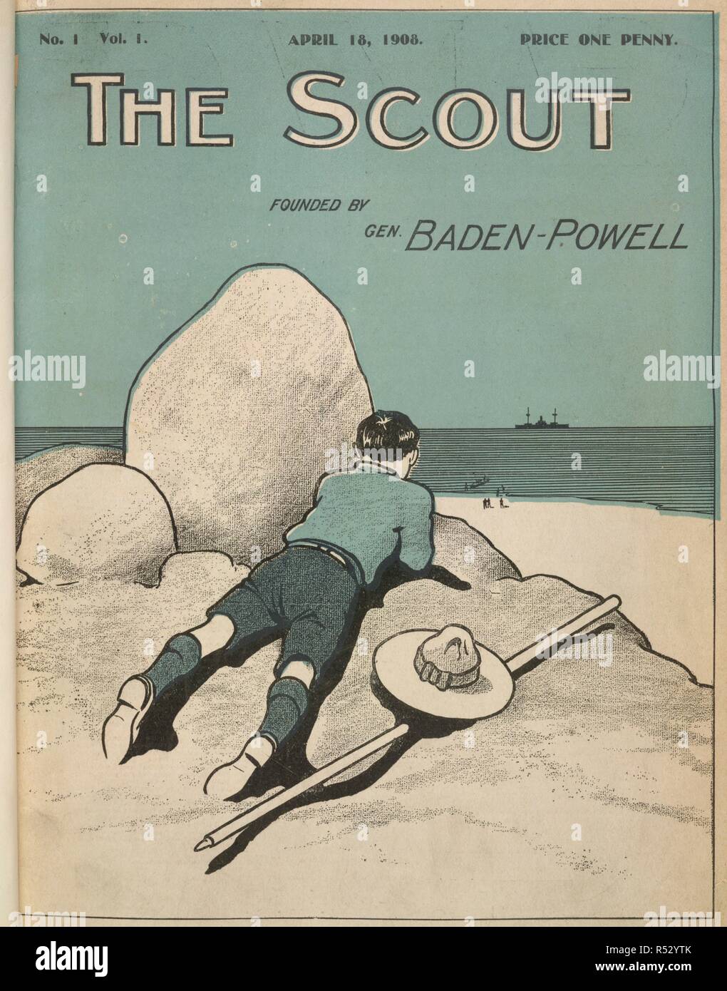 Couverture illustrée couleurs montrant un boy-scout en regardant un navire à l'horizon. Le Scout. Londres, Angleterre : 18 avril, 1908. Source : Le Scout n°1, vol.1. Banque D'Images