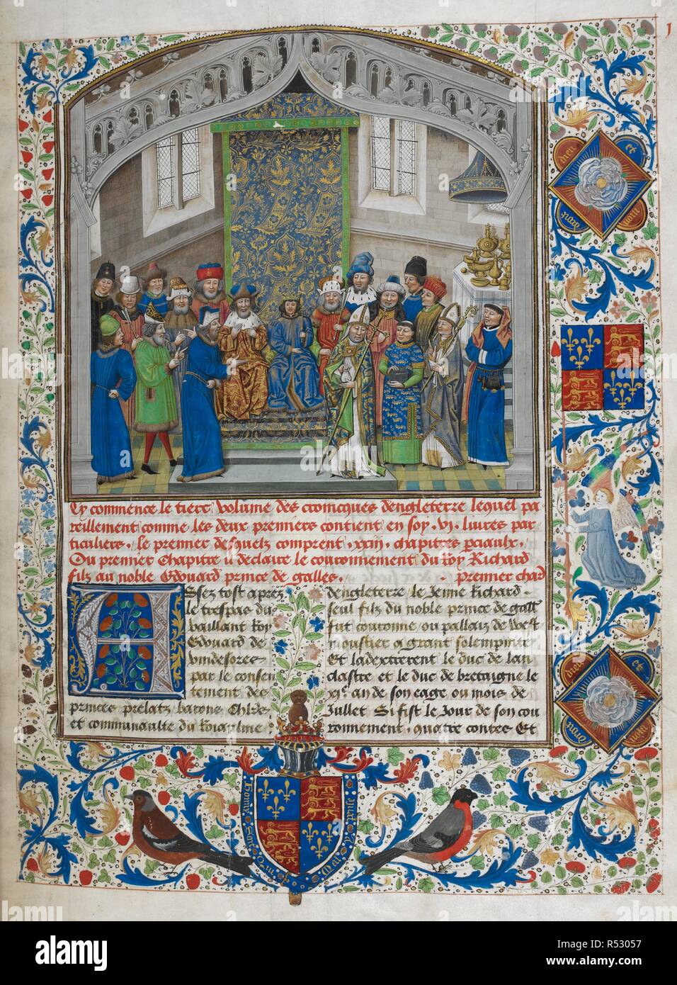 Richard II holding court après son couronnement. Anciennes et nouvelles chroniques d'Angleterre (également connu sous le nom de recueil des croniques d'Engleterre). France, N. E. (Lille) et Pays-Bas, S. (Bruges) date c. 1470- c. 1480. Source : Royal 14 E. IV, f.10. Langue : Français. Auteur : WAVRIN, JEAN DE. Seigneur de Forestel. Banque D'Images