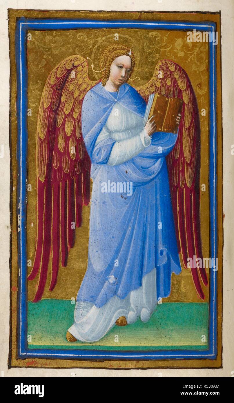 Ange avec un livre. Psautier. Italie [Pavie] ; vers 1450. [Ensemble] folio figure d'un Ange tenant un livre Image prise à partir de la Psautier. Publié à l'origine/produit en Italie [Pavie] ; vers 1450. . Source : ajouter. 15114, f.48v. Langue : le latin. Auteur : BELBELLO DA Pavia. Banque D'Images