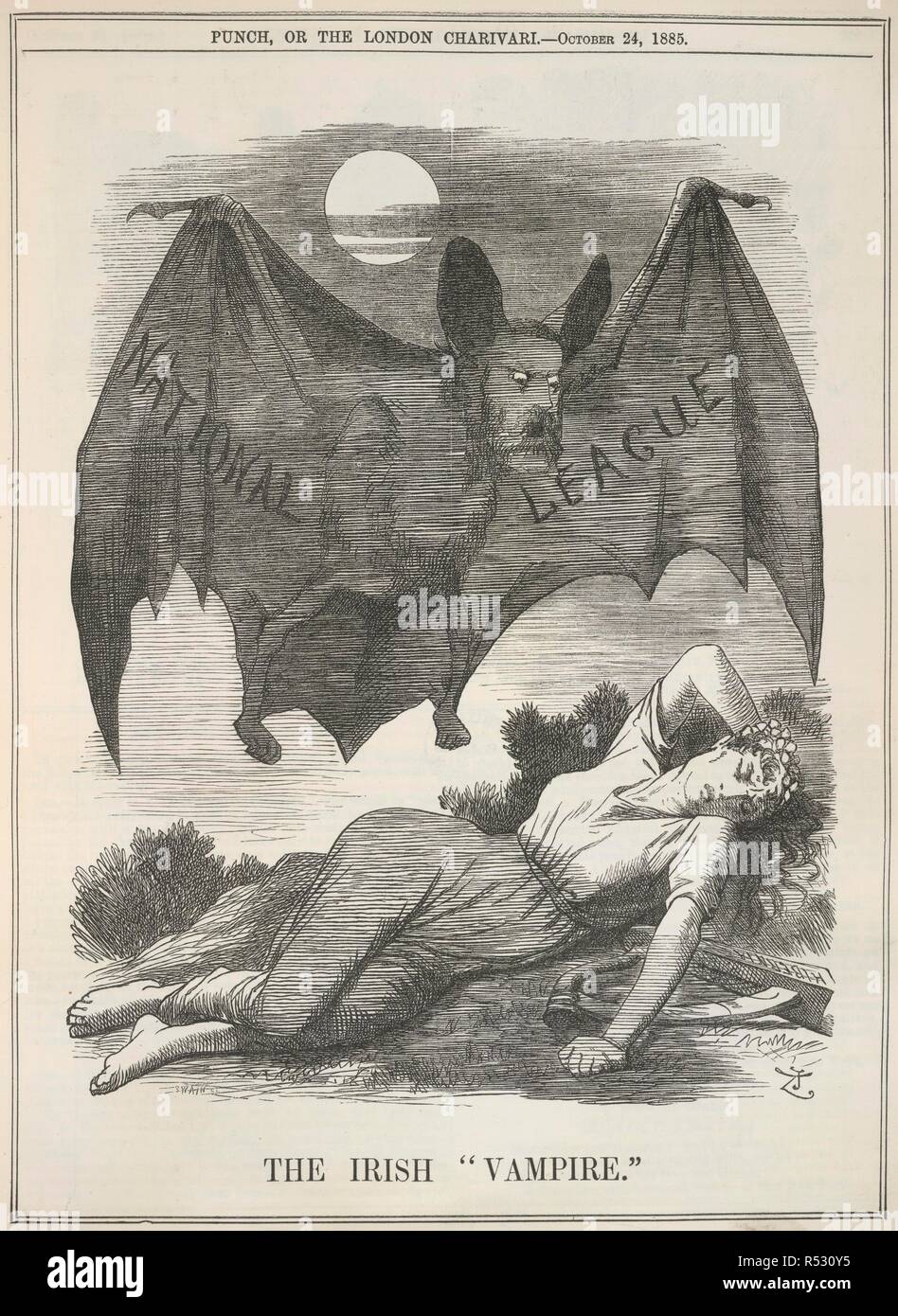 Le Vampire irlandais. Punch, or the London Charivari. Londres, le 24 octobre 1885. Une illustration représentant une chauve-souris vampire grande planant au-dessus d'une femme prostrée. Les mots "Ligue nationale" peut être vu sur l'intérieur des ailes de la chauve-souris. Image prise de Punch, or the London Charivari. Publié à l'origine/produit à Londres, le 24 octobre 1885. . Source : P.P.5270, 199. Langue : Anglais. Banque D'Images