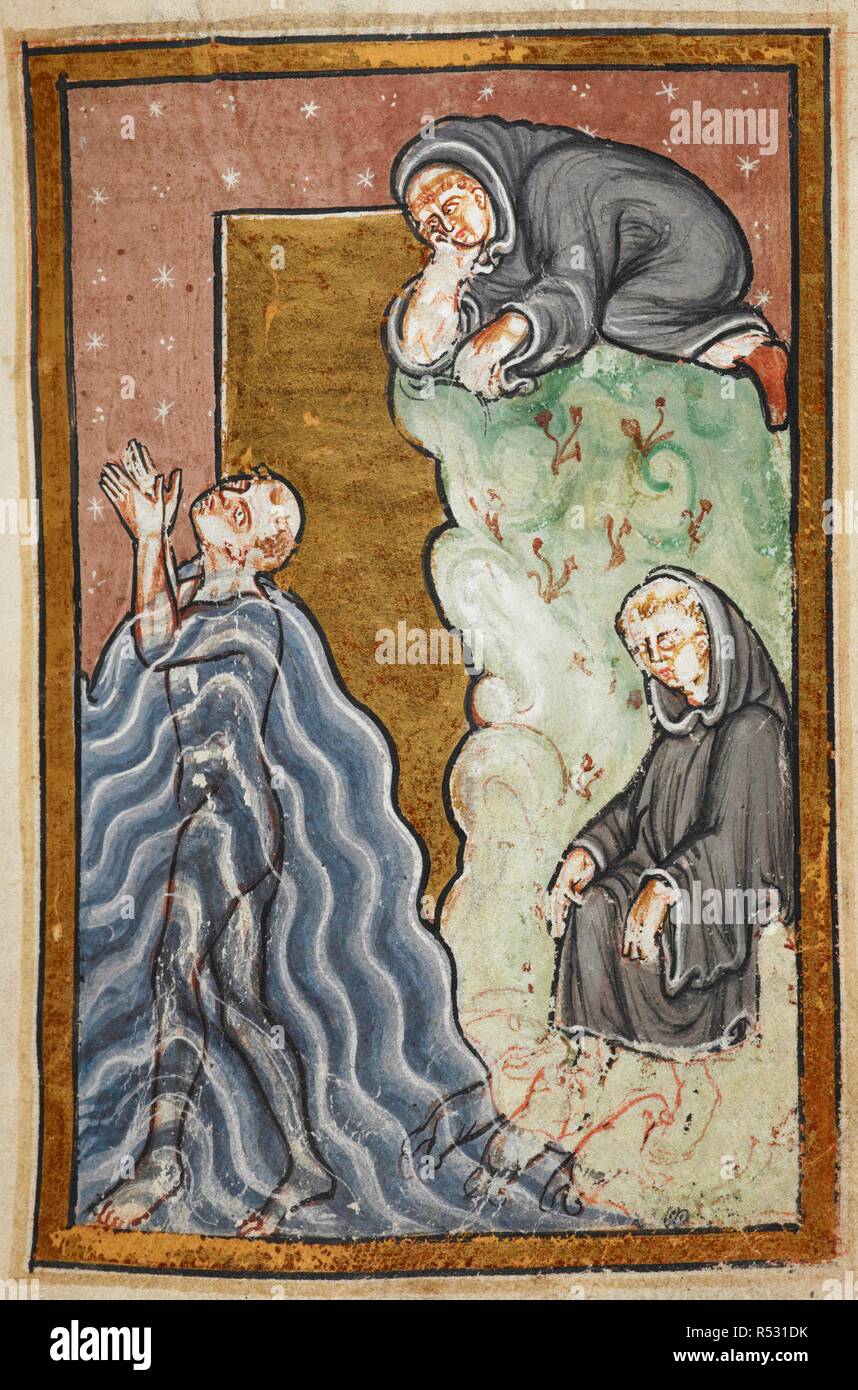 Miniature de Cuthbert prier dans la mer, tandis que les montres d'espion au-dessus de lui ; en bas à droite, Cuthbert émerge de la mer d'avoir ses pieds secs miraculeusement par les loutres, à partir du chapitre 10 de Bede's prose Vie de St Cuthbert. La Vie en prose de Saint Cuthbert ; extraits de la Historia Ecclesiastica (Histoire de l'église anglaise et de personnes). L'Angleterre, N. (Durham). Dernier quart du xiie siècle. Source : Yates Thompson 26 f.24. Langue : le latin. Banque D'Images