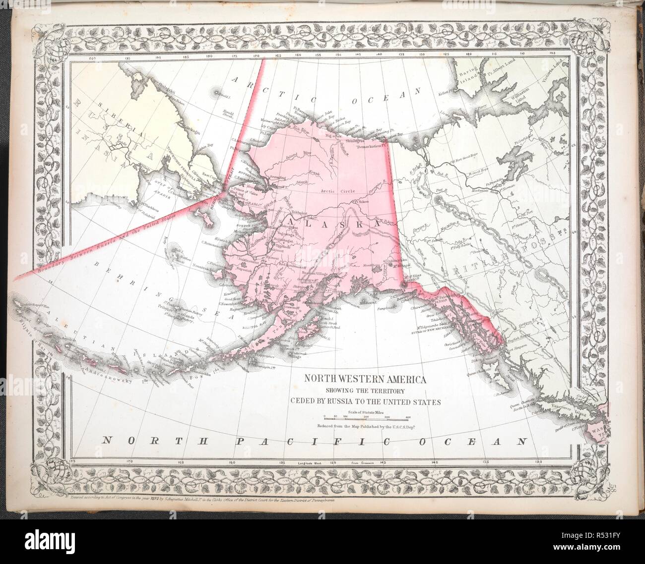 Le nord-ouest de l'Amérique montrant le territoire cédé par la Russie aux États-Unis. Mitchell's new atlas général, contenant des cartes des différents pays du monde, des plans de villes, etc. : embrassé dans soixante-trois quarto cartes, formant une série d'une centaine de cartes et plans, ainsi que des tableaux statistiques utiles. Philadelphia : publié par S. Augustus Mitchell, Jr., n° 31, 6e Rue Sud 1870. Source : Maps.C.49.e.69 58 la plaque. Auteur : Mitchell jr., Samuel Auguste. Banque D'Images