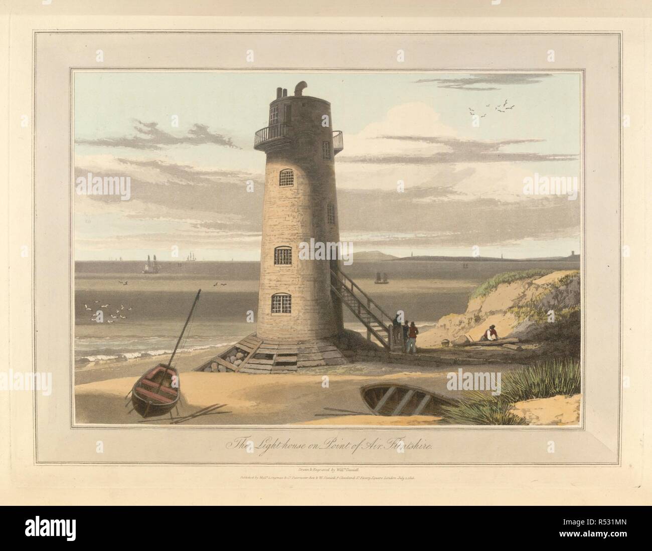 Le phare sur le point d'air - Flintshire le littoral et les paysages de Grande Bretagne. Dessiné et gravé par William Daniell. A Voyage Round Grande-bretagne entrepris à l'été de l'année 1813. Londres en Angleterre. Source : G.7043 plaque 35. Langue : Anglais. Auteur : DANIELL, WILLIAM. AYTON, RICHARD. Banque D'Images