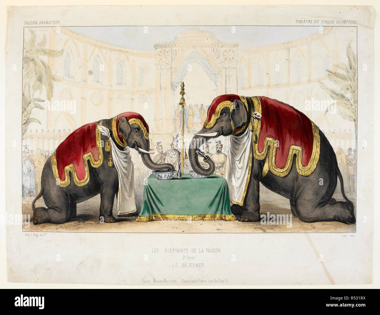 Le Ã©lÃ¨phants de la pagode.' 2 acte. DÃ©jeuner. Galerie dramatique. Théâtre du cirque olympique. Une illustration colorée de deux éléphants de la scène. Les deux portent un caparaçon, trmming avec de l'or. [Une collection de boutures provenant de journaux, de publicités, de spectacles, etc. VI-VIII. Les animaux entraînés, ménageries, etc./ recueillis par Jean Fillinham.]. Paris, ca. 1800-1860. Source : 1889.b.10/6. Langue : Français. Banque D'Images