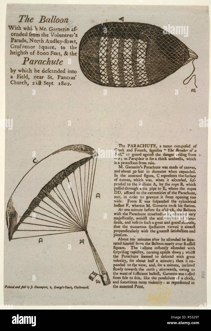 En 1802, Andre-Jacques Garnerin monta dans son ballon de la Volunteer Ground dans Grosvenor Square et fait une descente en parachute dans un champ près de St Pancras. Deux diagrammes. . Une collection de dépliants, de boutures de newspape. 1780 ?-1810 ?. L'aérostat dont M. Garnerin monta de la parade du volontaire, North Audley Street, Grosvenor Square, à la hauteur de 8 000 pieds, et le parachute par lequel il est descendu dans un champ, près de St Pancras' Church, 21 septembre 1802. Image réalisée à partir d'une collection de dépliants, des coupures de journaux, gravures, etc., de différentes dates, formé par Mlle S. S. B Banque D'Images