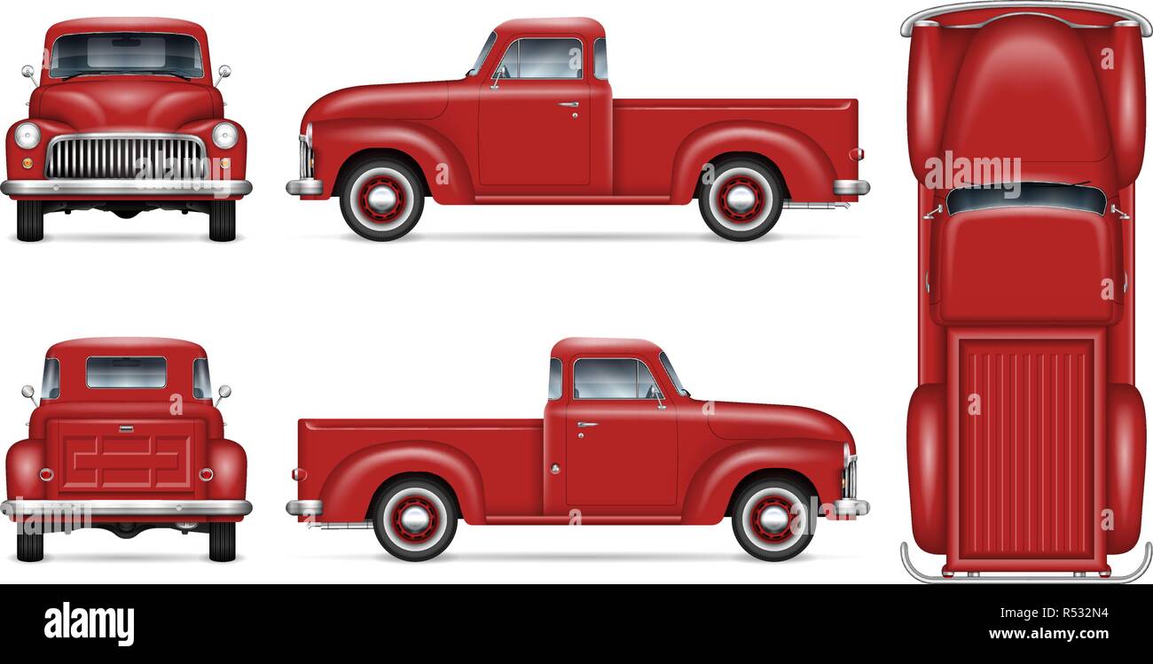Maquette vecteur voiture rétro sur fond blanc. Camionnette rouge isolé voir d'un côté, avant, arrière, haut. Tous les éléments dans les groupes sur des calques distincts Illustration de Vecteur