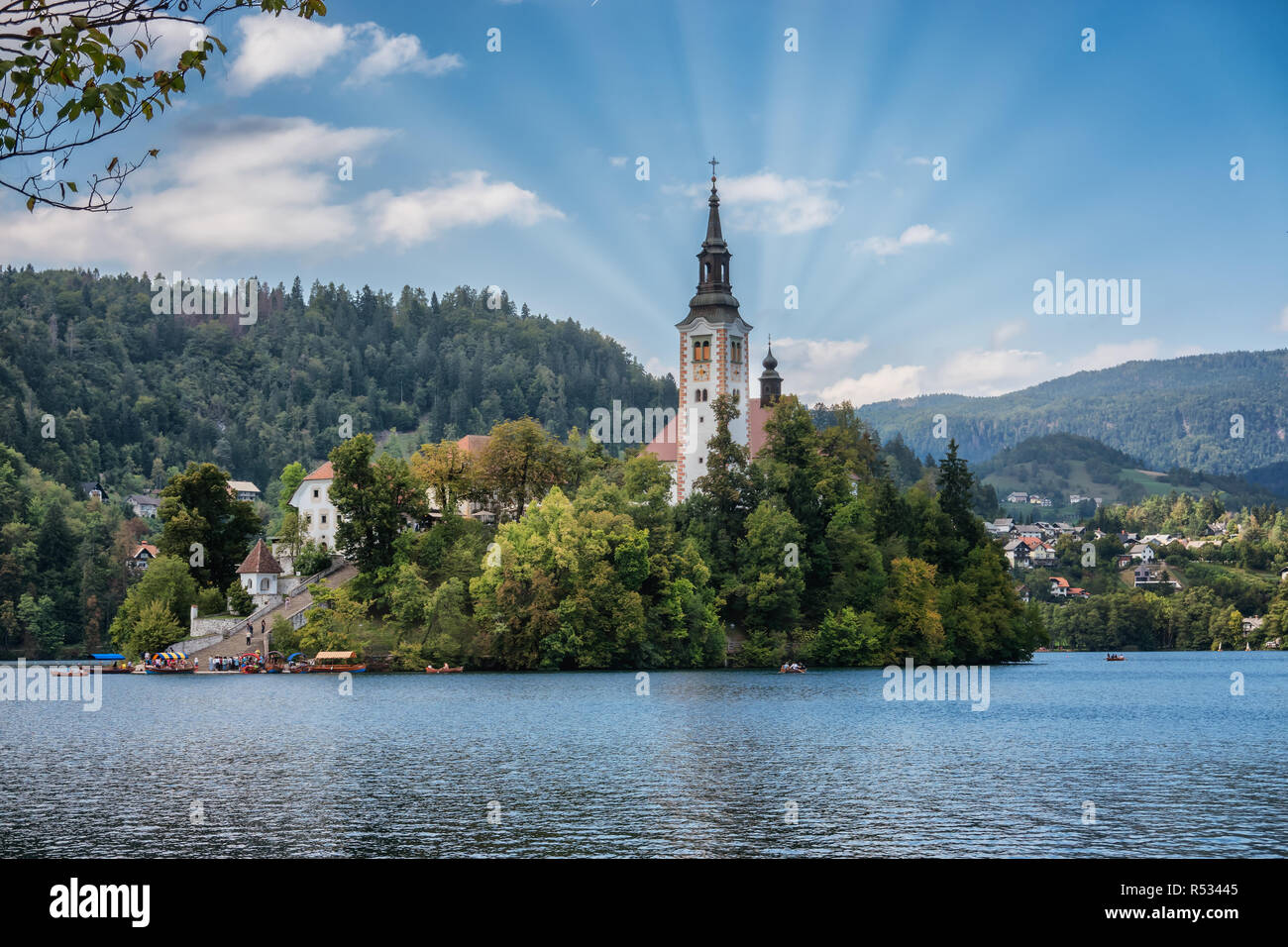 Le lac de Bled avec l'île, la Slovénie Banque D'Images