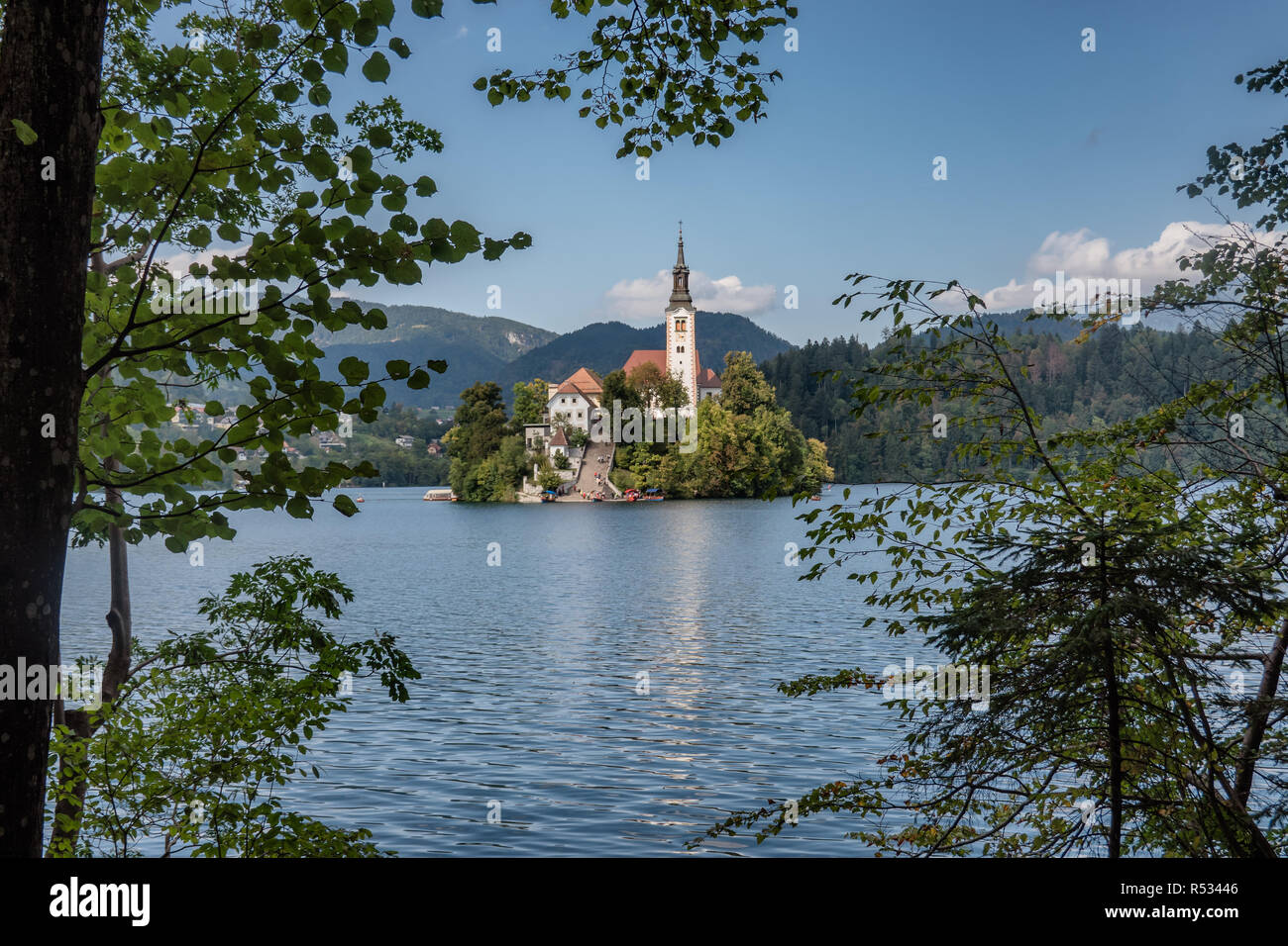 Le lac de Bled avec l'île, la Slovénie Banque D'Images