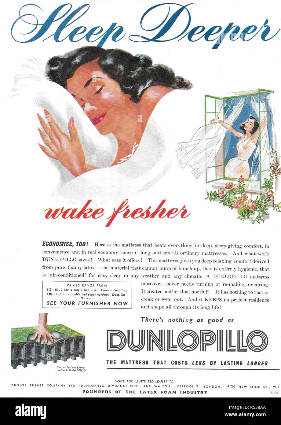 Matelas Latex Dunlopillo annonce la publicité dans Country Life Magazine UK  1951 Photo Stock - Alamy