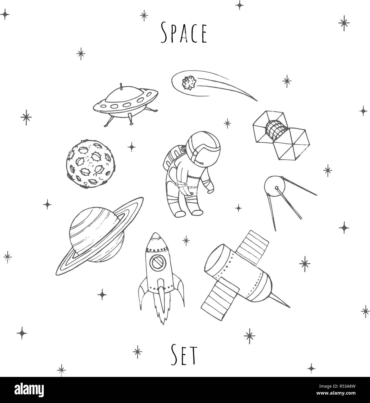 Vecteur dessiné à la main les éléments d'espace : cosmonaute, satelites, rocket, planète, lune, étoile filante et OVNI. Cosmos set isolé sur le fond blanc. Illustration de Vecteur