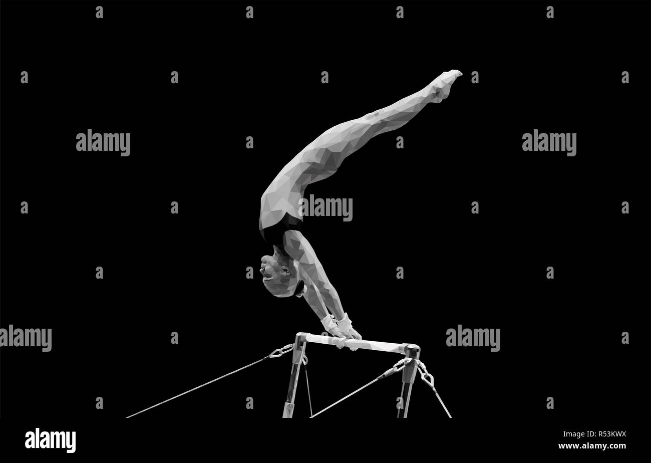 Barres asymétriques Femmes gymnastique artistique sur fond noir. Conception poly bas Banque D'Images