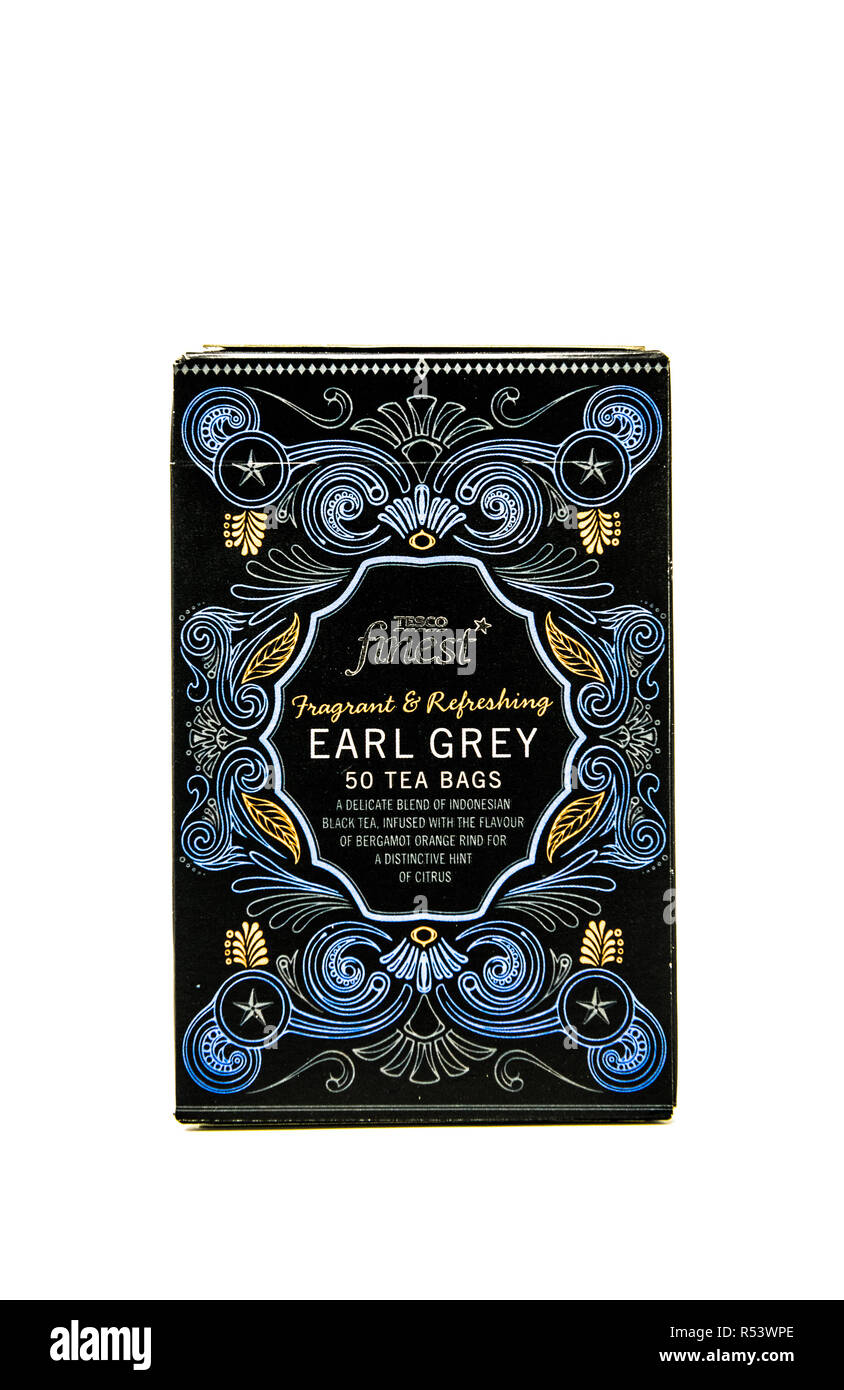 Tesco finest Earl Grey sacs dans une boîte en carton. Banque D'Images