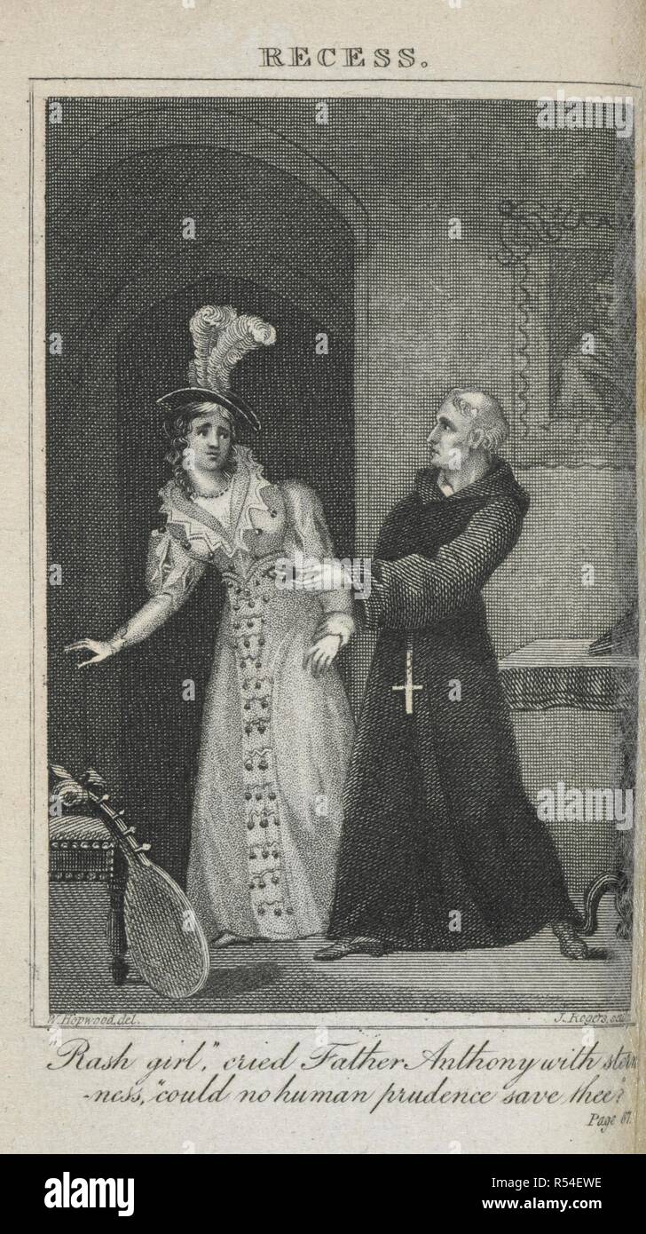 Une gravure montrant une femme et un moine. Un roman historique situé sous le règne d'Elizabeth I, c'est l'un des premiers romans gothiques. . L'intersession ; ou une histoire d'autres fois ... Trois volumes en un seul. Londres : S. Fisher, [1825 ?]. Source : 012635.a.28 frontispice. Auteur : Lee, Sophie. Hopwood. Banque D'Images