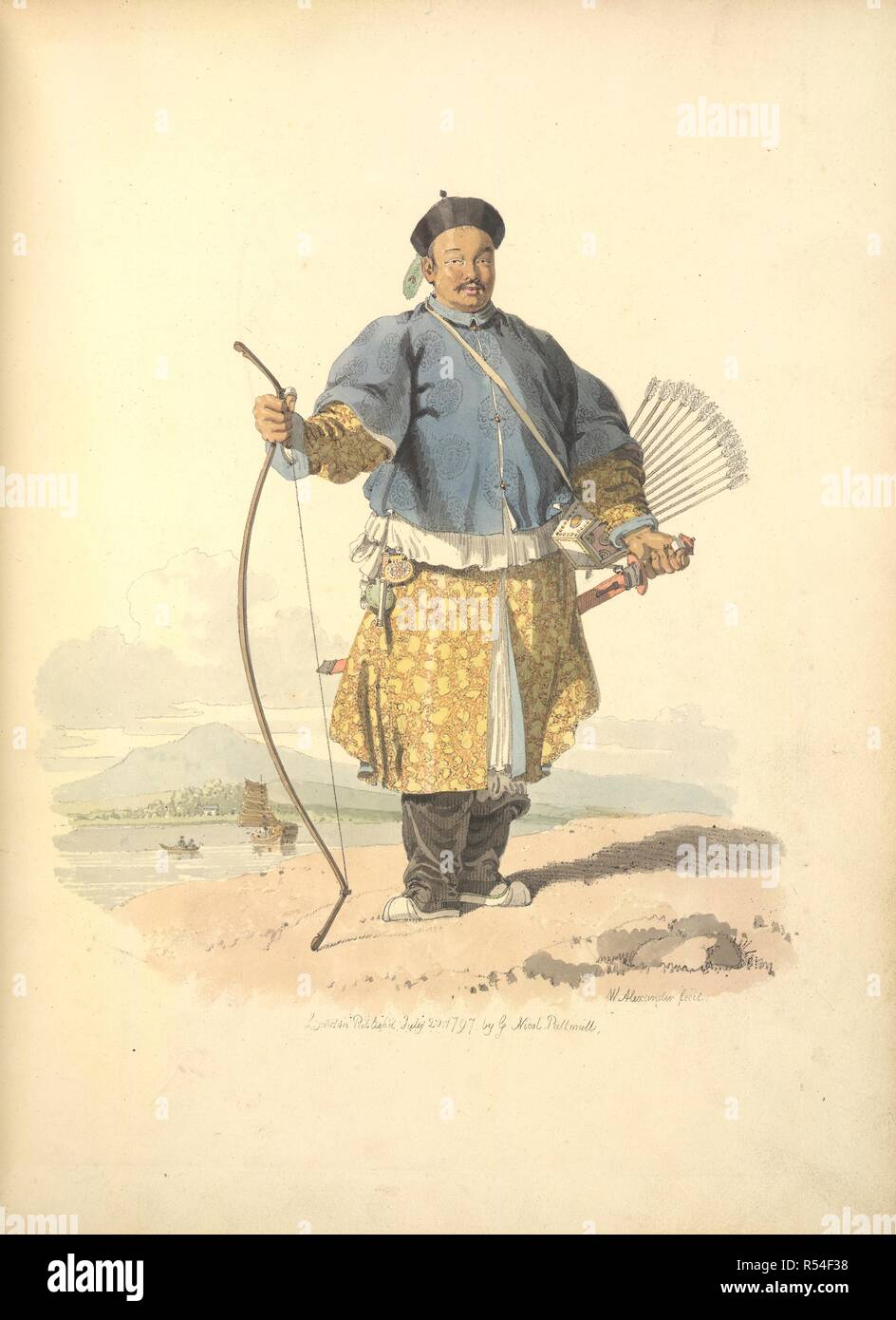 Van-Ta-Zhin. Le Costume de la Chine. Illustré dans quarante-huit c. William Miller : Londres, 1805. Portrait d'Van-Ta-Zhin, un mandarin militaire. Un agent chargé d'assister à l'ambassade britannique. Il porte un chapeau avec une plume de paon. Il porte une veste en coton bleu et un gilet de soie. À partir de sa ceinture pend son mouchoir, couteau, baguettes et sacs pour le tabac. Il a un arc et carquois de flèches. Ses bottes sont de satin, avec semelles épaisses de papier : 'ce sont toujours portés par les mandarins et superior'. Chinois Image tirée du costume de la Chine. Illustré dans quarante-huit gravures en couleur. O Banque D'Images