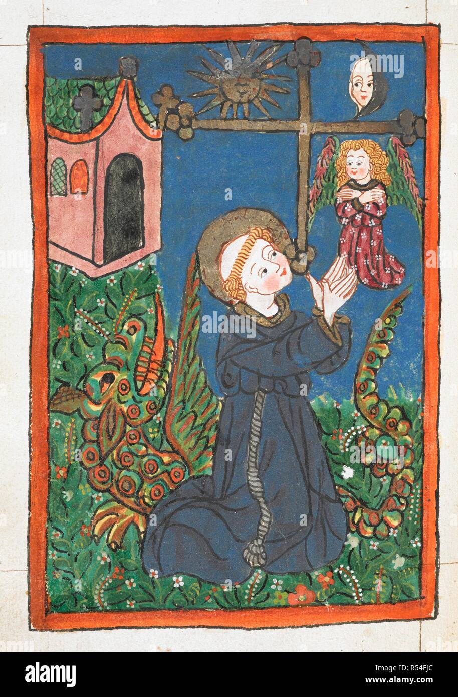 Saint François prie en dehors de son ermitage. Vie et Miracles de saint François d'assise. Allemagne [Fribourg] inférieur ; avant 1478. Source : ajouter. 15710, f.30v. Langue : Allemand. Auteur : Bonaventura, St. Bondorff, Sibilla de. Banque D'Images